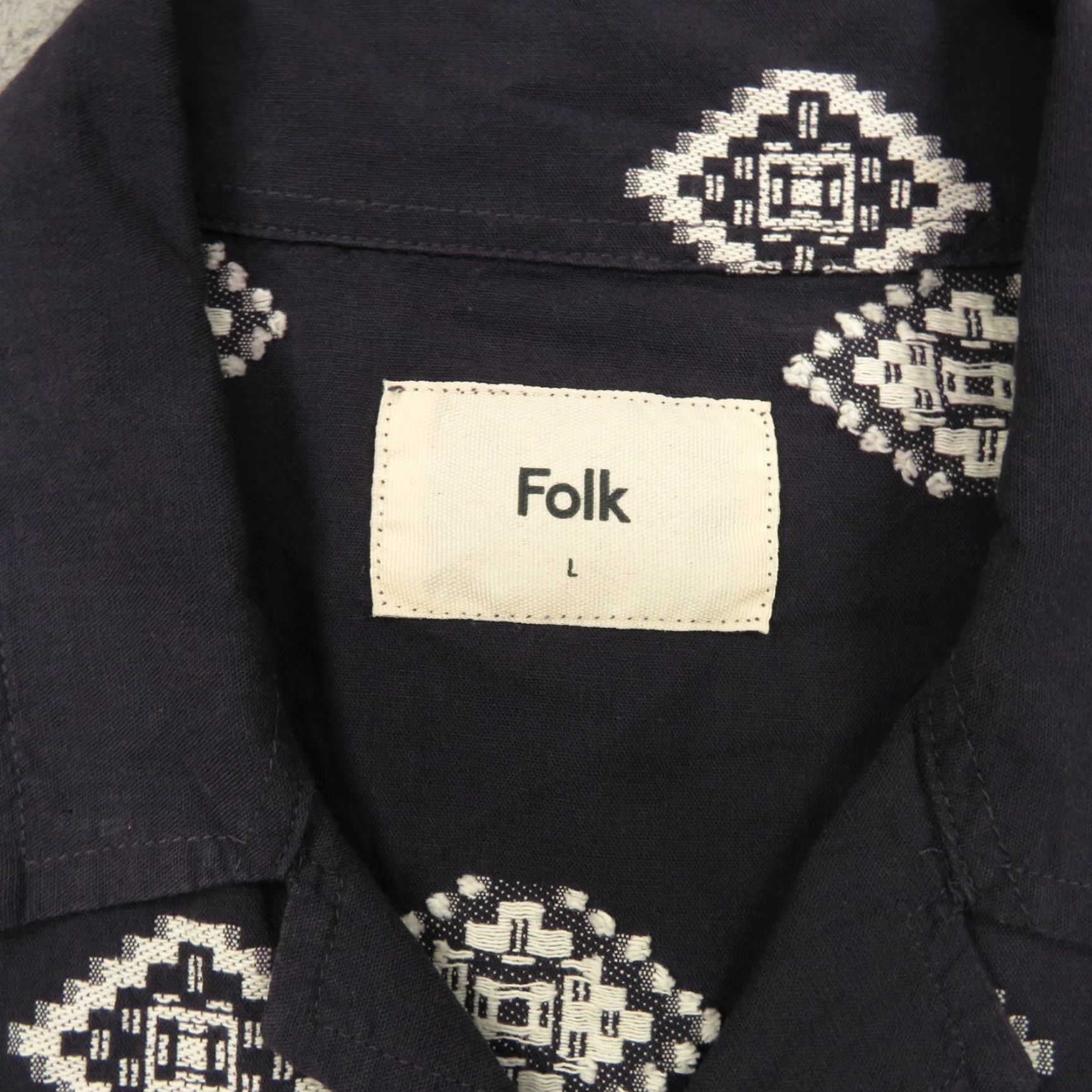 Folk Folk Shirt Mens Large Navy Cotton White Jacquard Woven Aztec Print Camp Collar Size US L / EU 52-54 / 3 - 5 Thumbnail