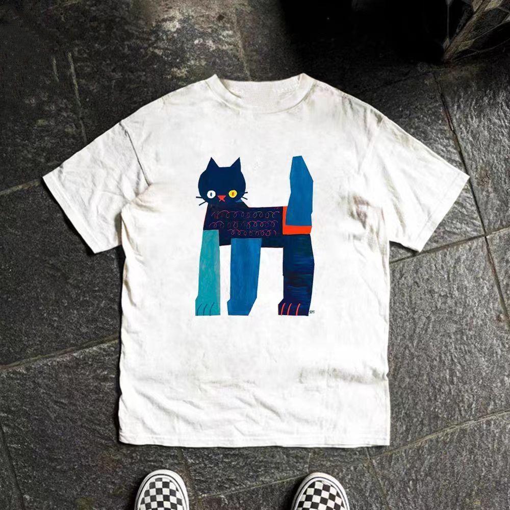 Vintage White retro fun cat print cotton t-shirt Size US M / EU 48-50 / 2 - 1 Thumbnail