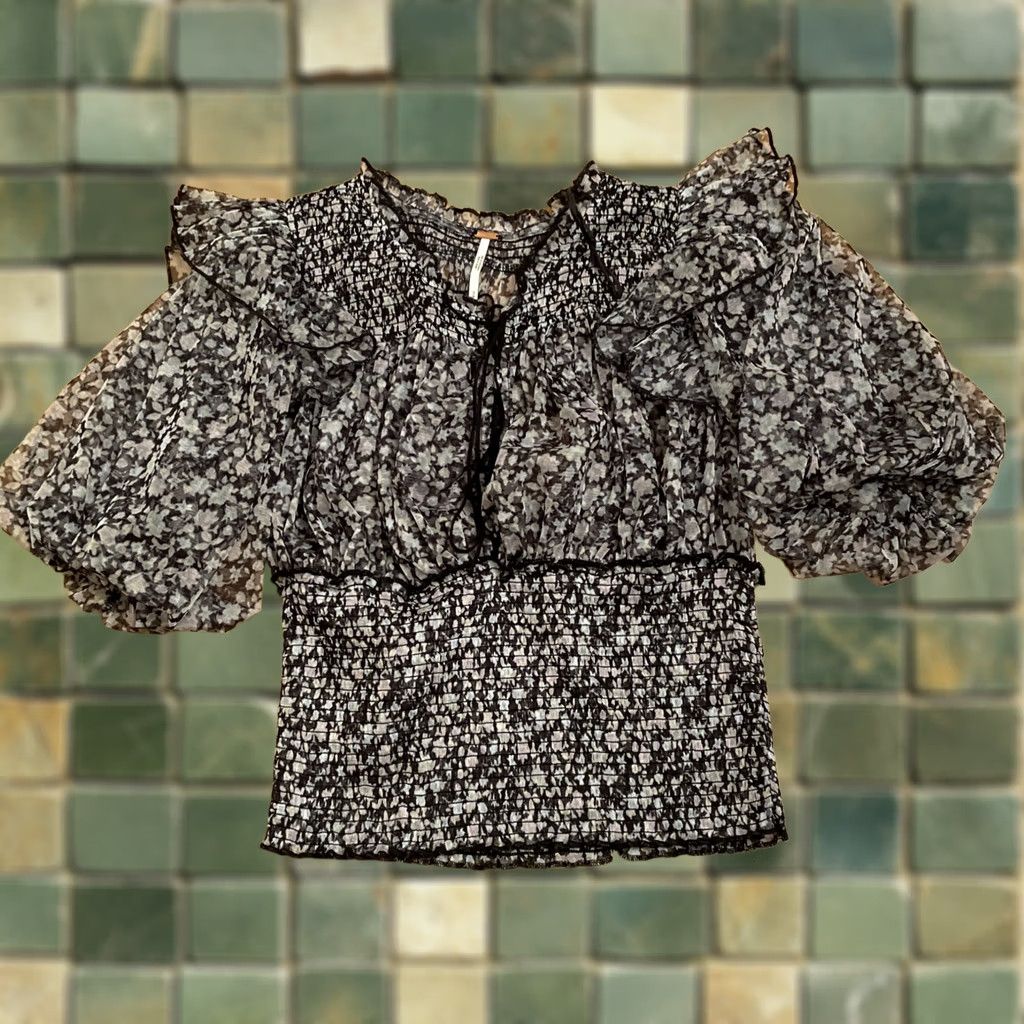 Free People Free People Blouse Shirt Women S Floral Print Sheer Cropped Balloon Sleeve Gray Blue Smocked Beatrice Puffy Small Size S / US 4 / IT 40 - 1 Thumbnail