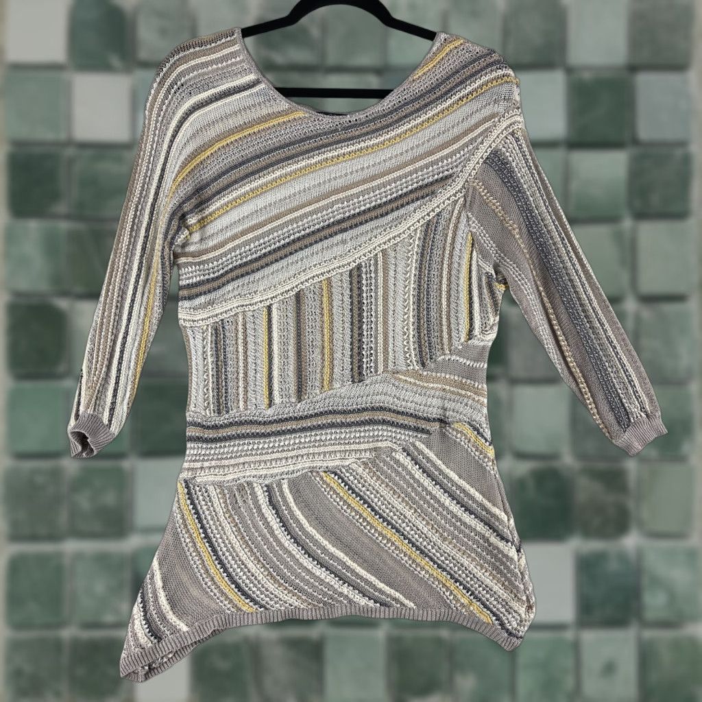 NIC+ZOE Nic + Zoe Shirt Womens Large Beige Stripe Open Knit Pullover 3/4 Sleeve Casual Size L / US 10 / IT 46 - 1 Thumbnail
