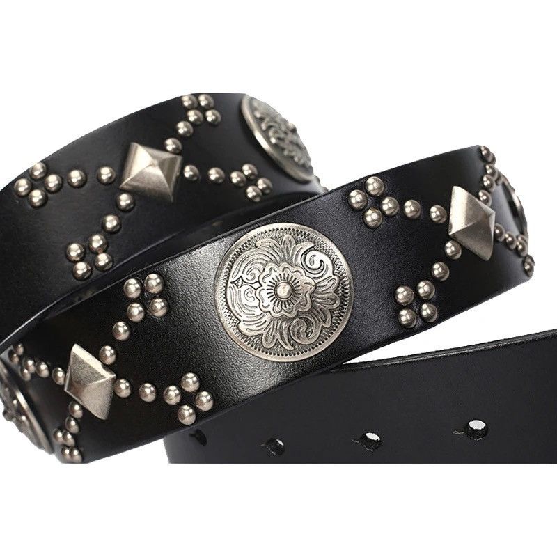 Leather × Vintage Punk Men's Belt Cinturon Mujer Western Cowboy Strap Ceinture Size ONE SIZE - 6 Thumbnail