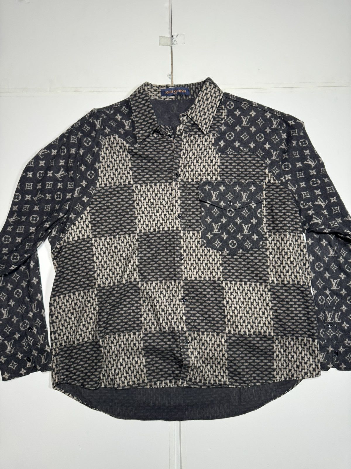 image of Louis Vuitton Giant Damier Monogram Waves Flannel Shirt in Black, Men's (Size 2XL)