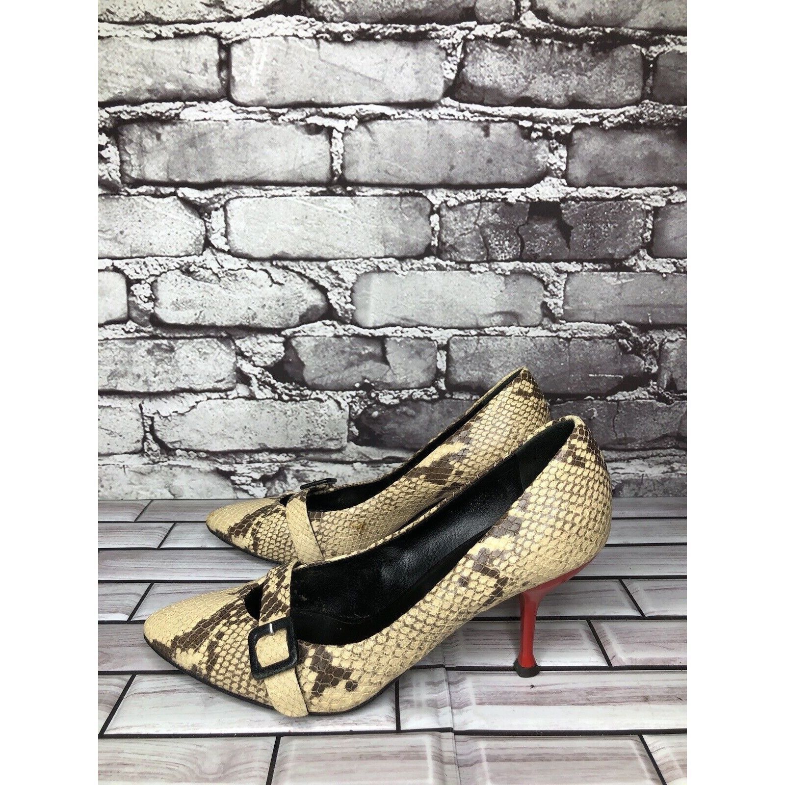 Giuseppe Zanotti Giuseppe Zanotti Cream Leather Black SnakeSkin Pointed Strap Size US 6.5 / IT 36.5 - 20 Thumbnail
