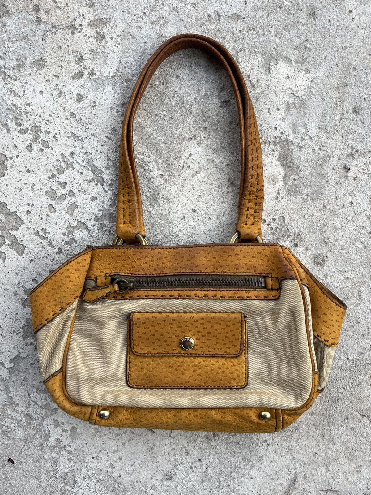 Prada Milano Canvas / Leather Shoulder Baguette Bag in Beige, Women's