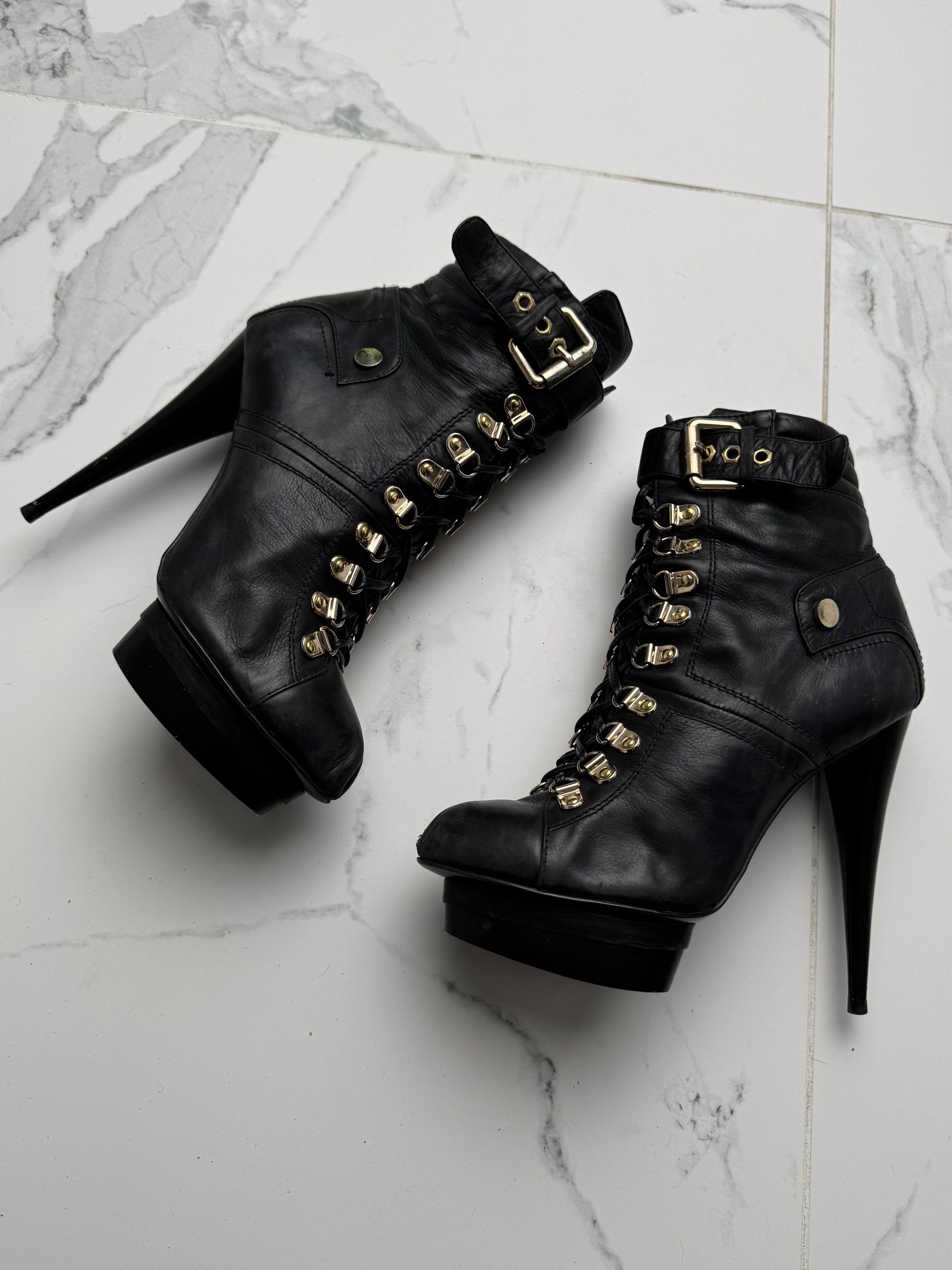 Other Vintage Platform Lace Up Ankle Stiletto Heel Buckle Booties Size US 9 / IT 39 - 2 Thumbnail