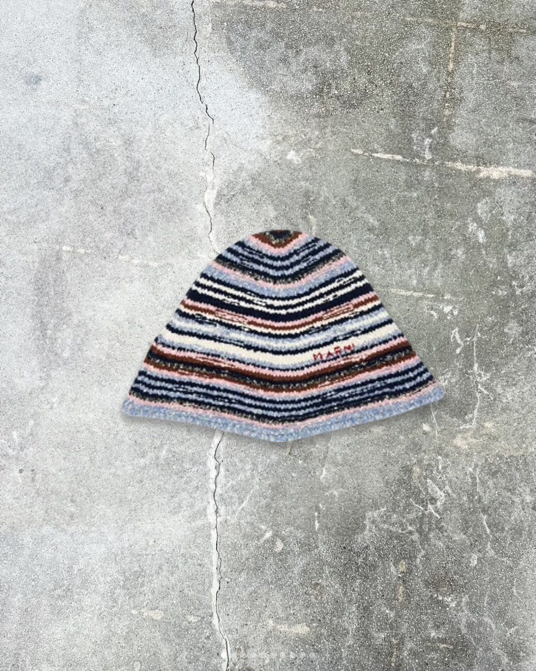 image of Marni Logo Embroidered Striped Knitted Beanie in Blue, Men's