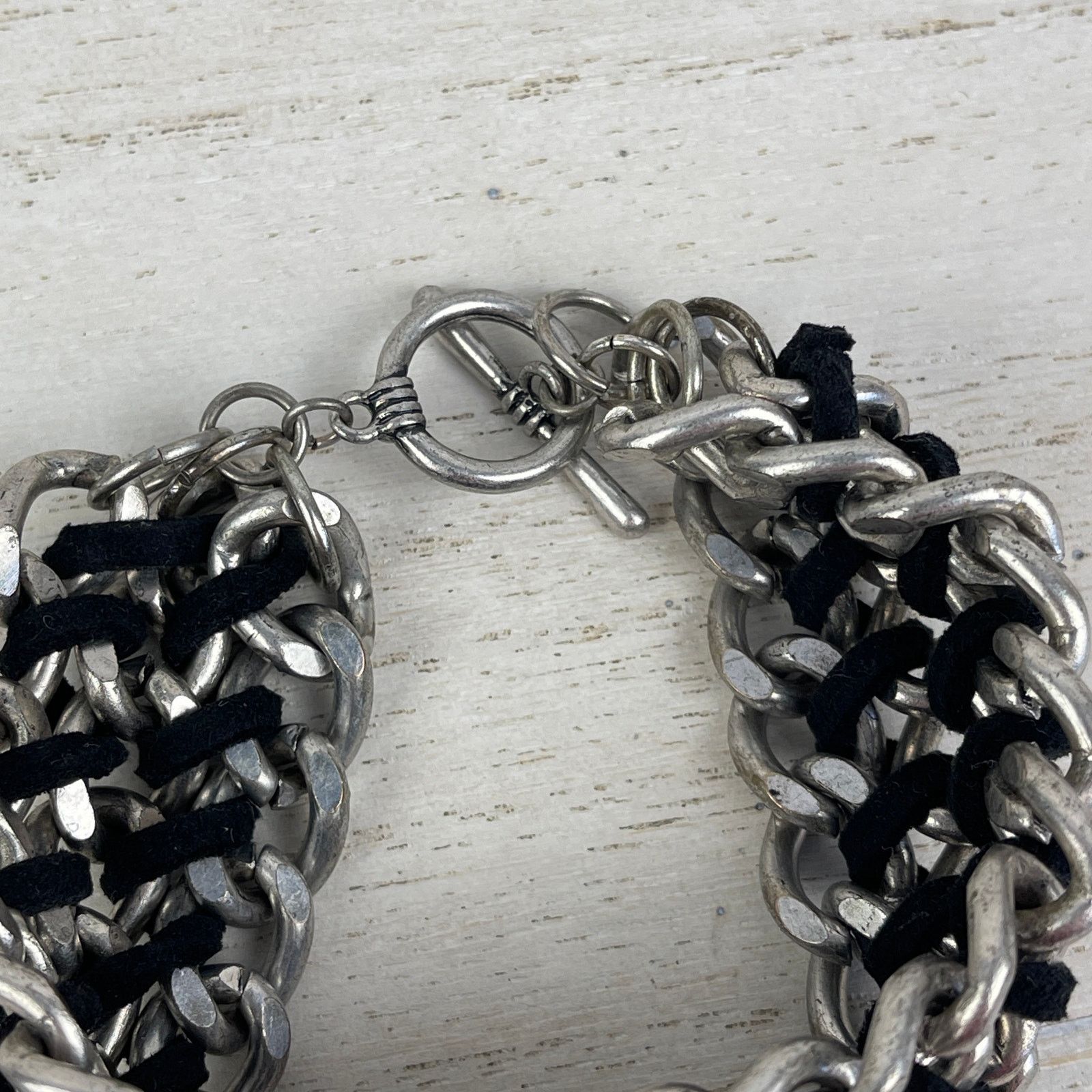 Other Silver Tone Chain Link Bracelet Black Braided Faux Leather Size ONE SIZE - 10 Thumbnail