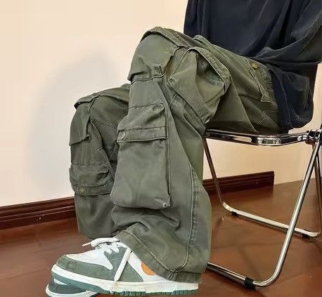 Japanese Brand Olive Green Baggy Cargo Pants - Y2K Skate Streetwear Size US 34 / EU 50 - 1 Thumbnail