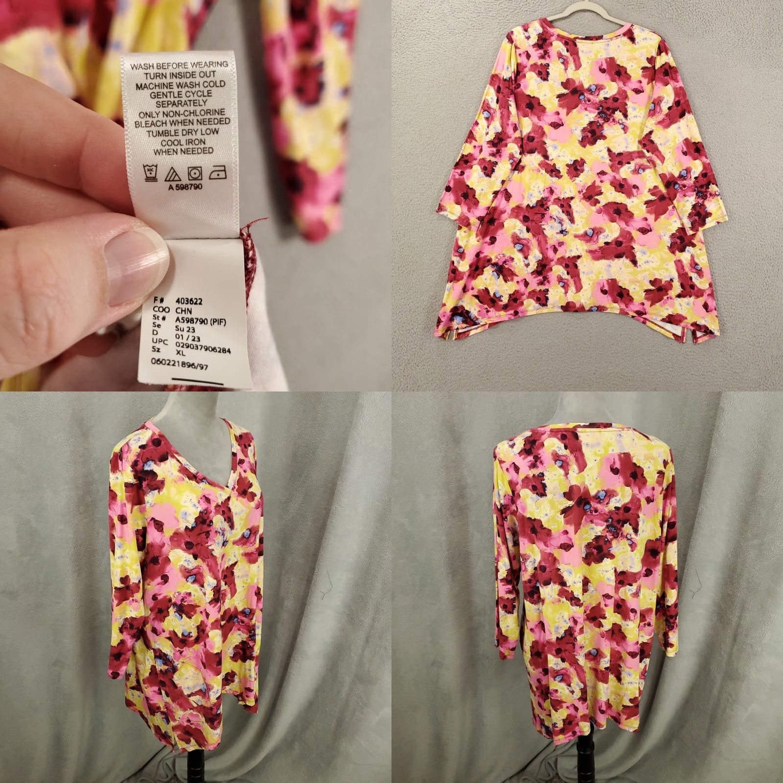 Vintage LOGO by Lori Goldstein Womens Top XL Red Yellow Floral V Neck 3/4 Sleeve Blouse Size XL / US 12-14 / IT 48-50 - 8 Thumbnail