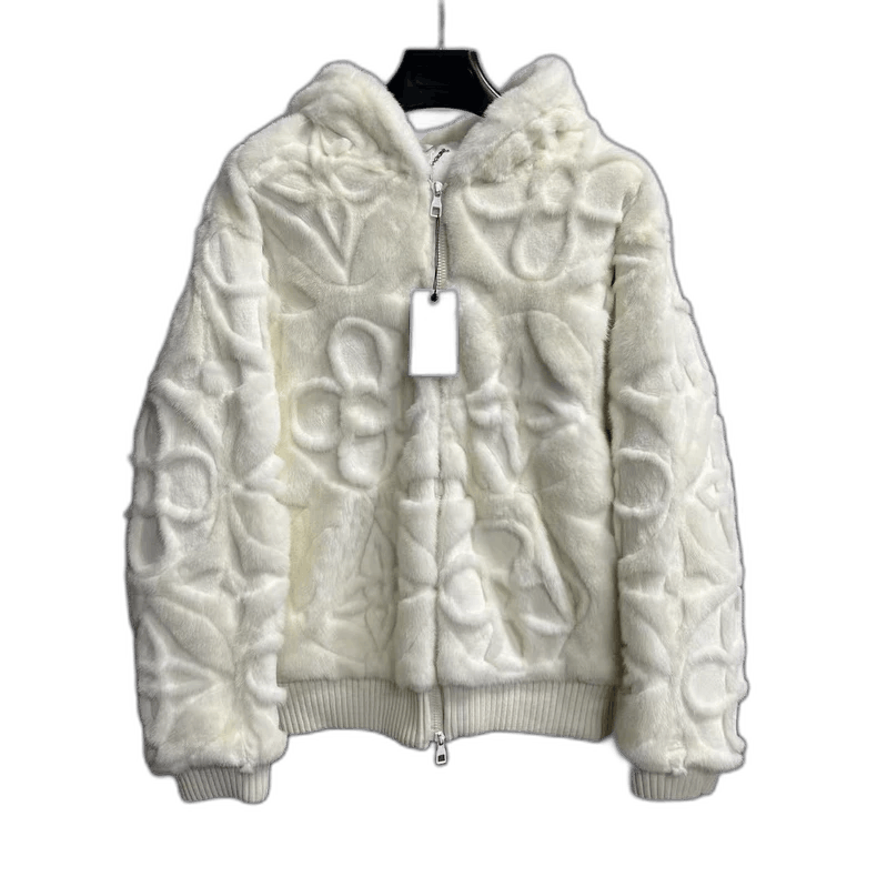 louis vuitton white embossed zipper hooded fur jacket jacke
