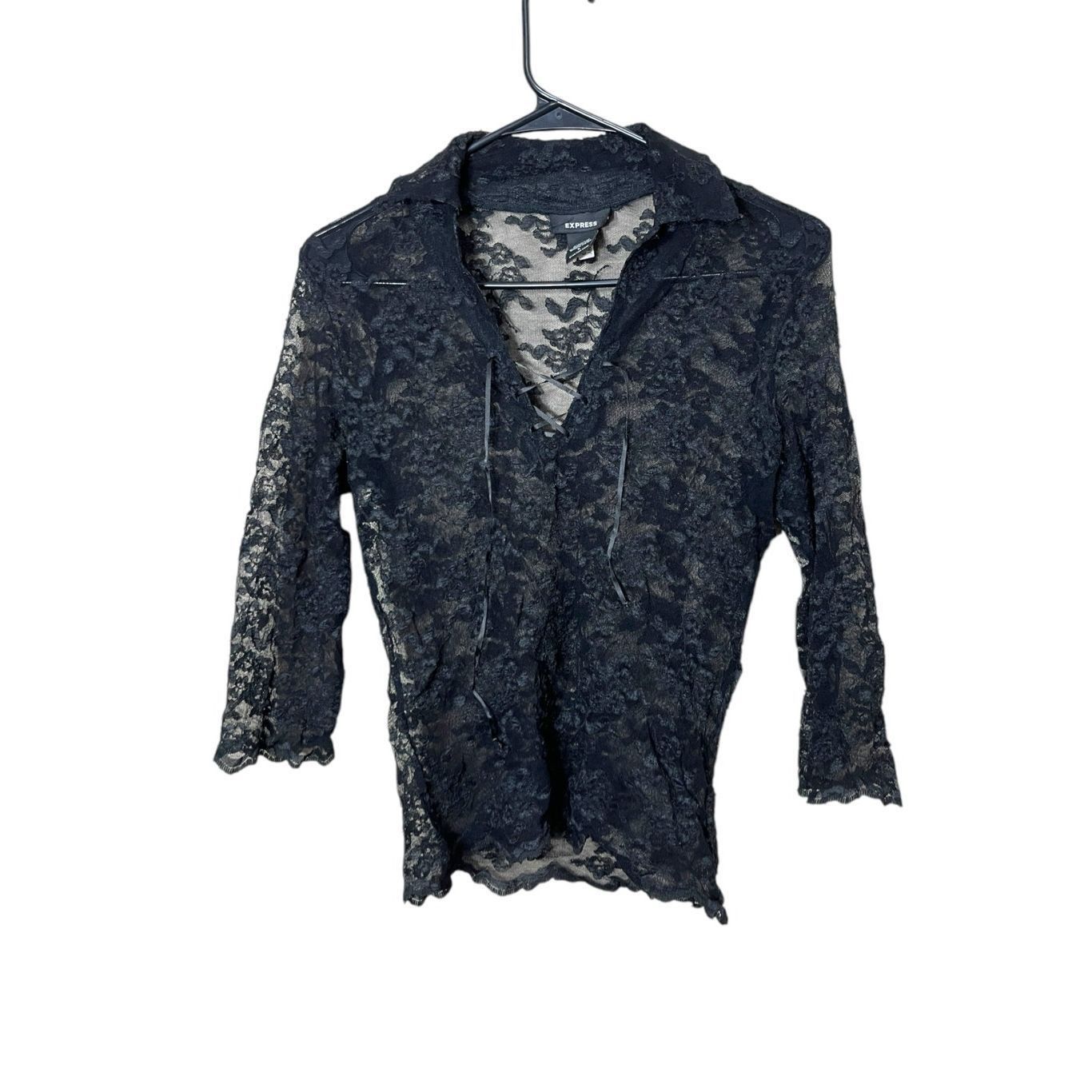 Express Express Y2K Black Lace Sheer Lace Up Top Size M Size M / US 6-8 / IT 42-44 - 1 Thumbnail