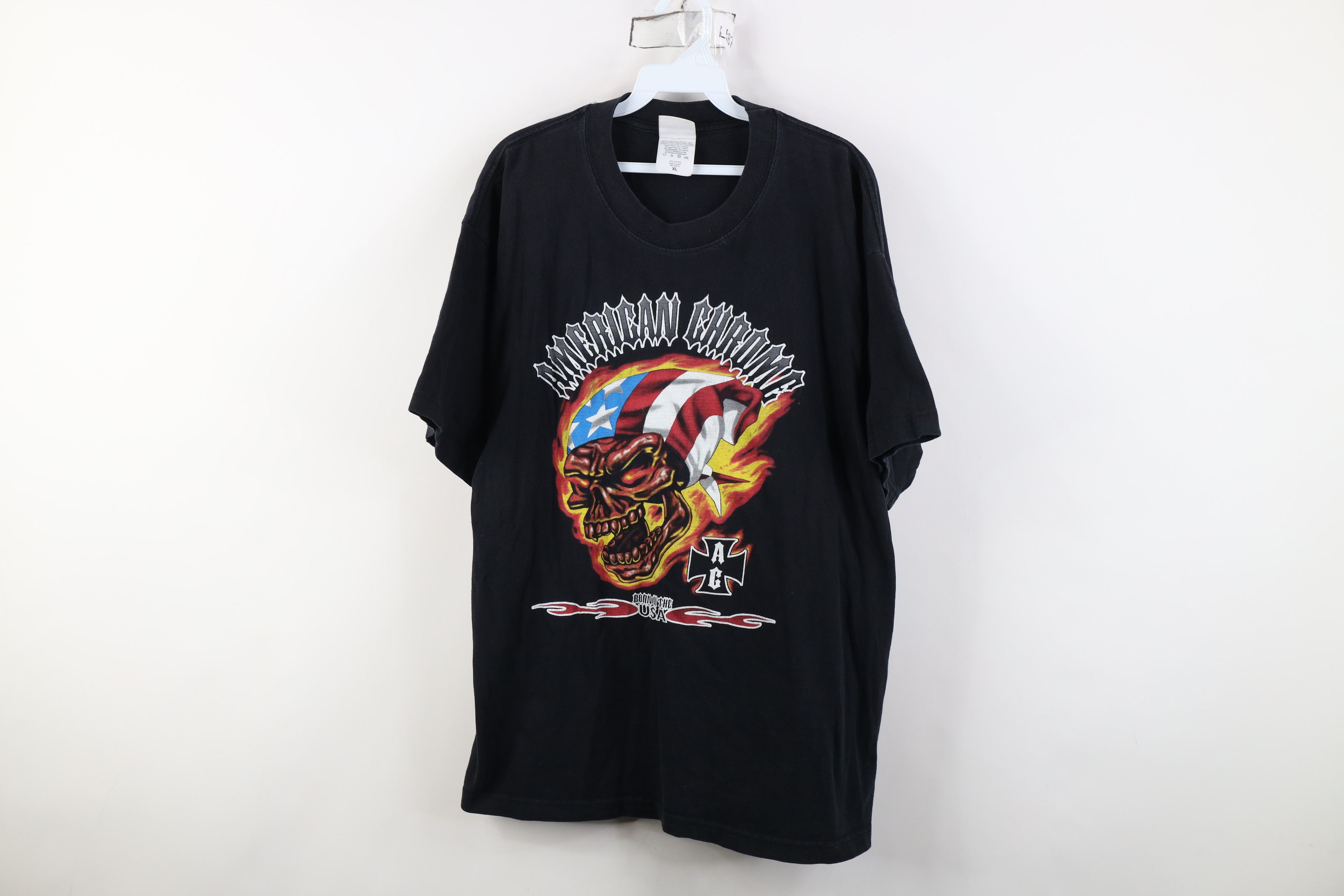 Vintage Vintage 90s Y2K American Flames Skull Motorcycle T-Shirt Size US XL / EU 56 / 4 - 1 Thumbnail