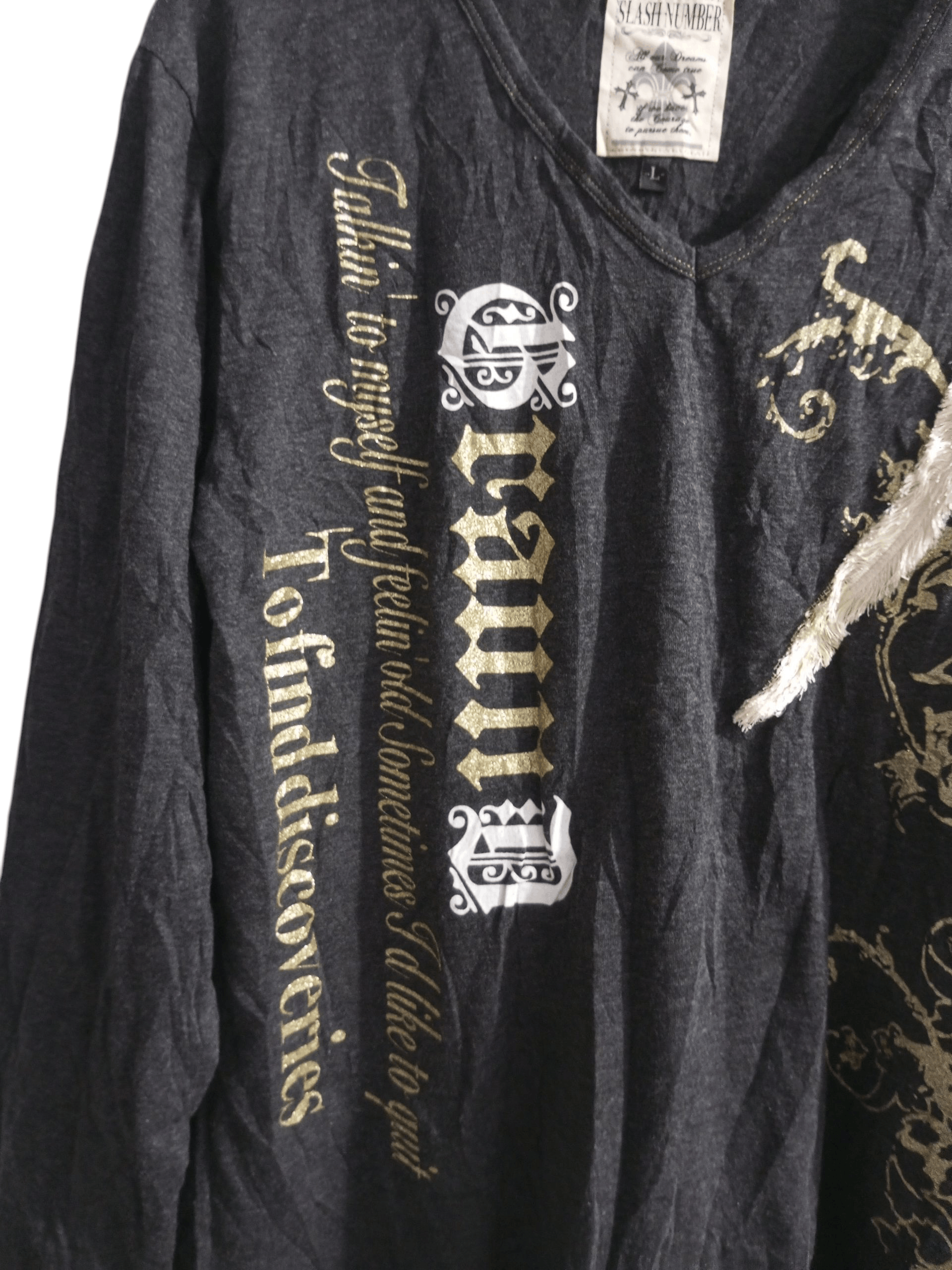20471120 Slash number poem spellout v neck long sleeve tshirt Size US M / EU 48-50 / 2 - 4 Thumbnail