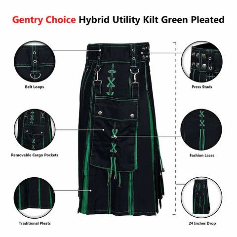 Other Fashion Utility Black Hybrid Kilt with Green Pleats Size US 40 / EU 56 - 7 Thumbnail