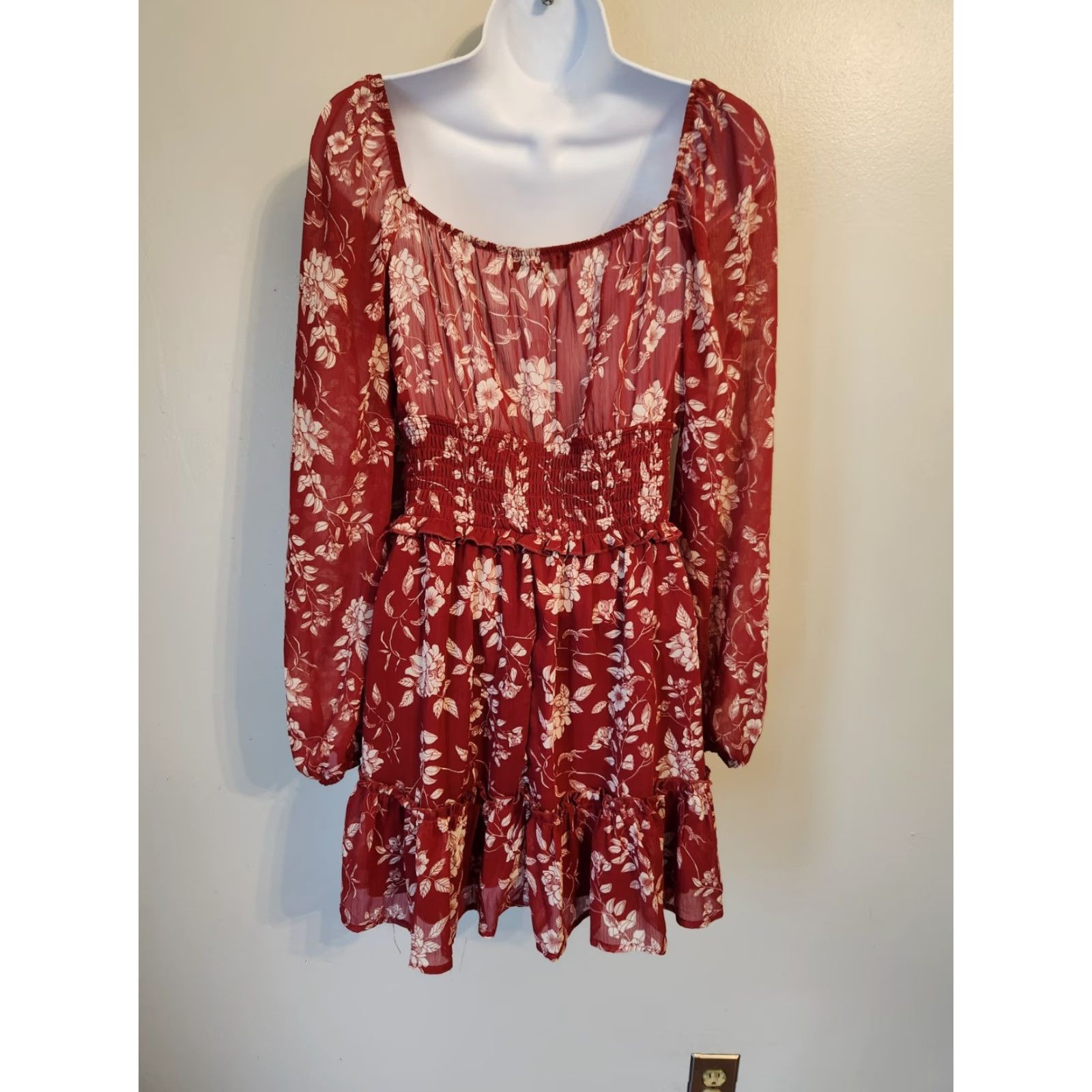 Vintage Trixxi Red Floral Smocked Waist A-Line Mini Dress M Women Boho Hippie Night Casual Party/Cocktail Travel Long Sleeve Round Neck Size 32" / US 10 / IT 46 - 6 Thumbnail