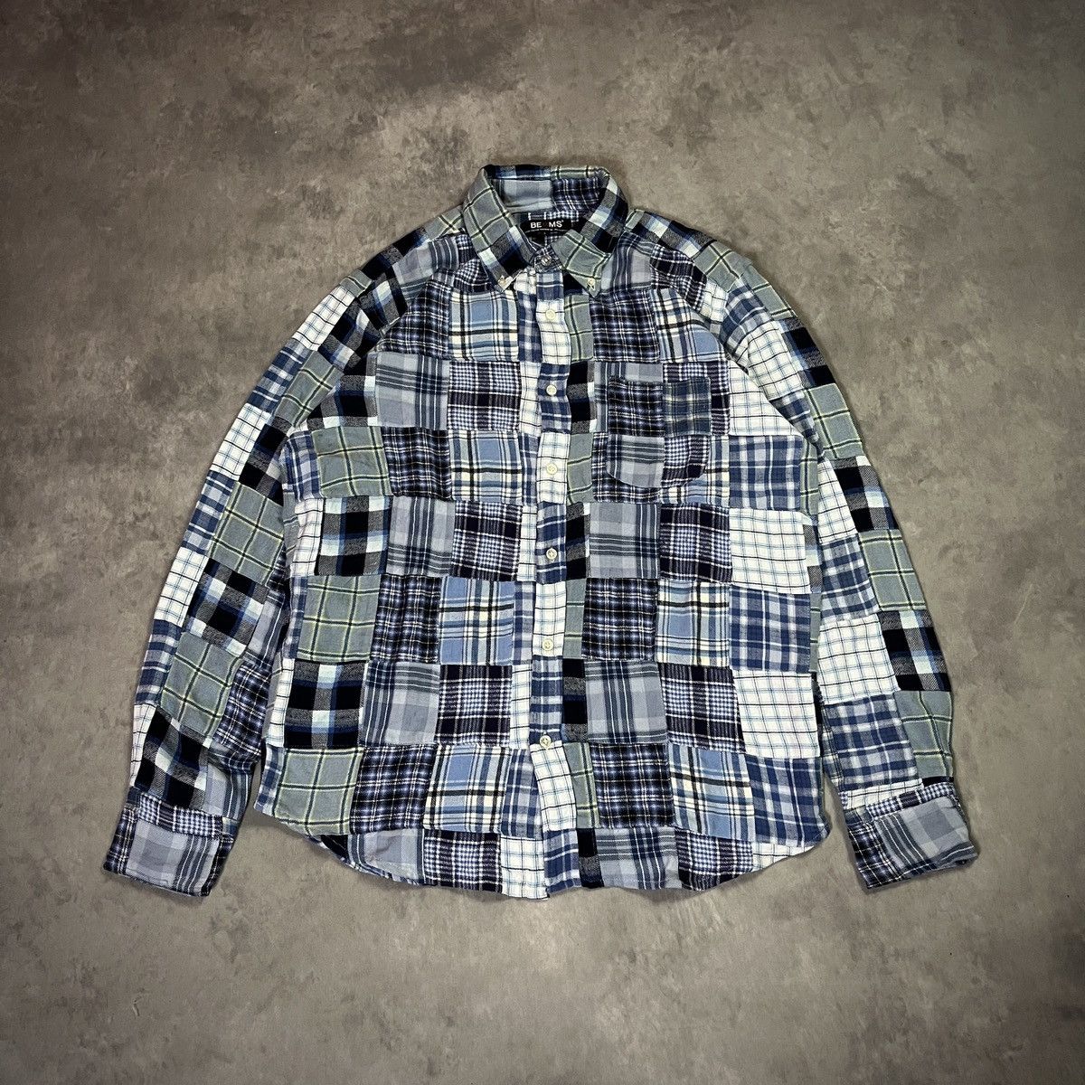 BEAMS Patchwork Flannel Shirt Japanese Blue Plaid Archive