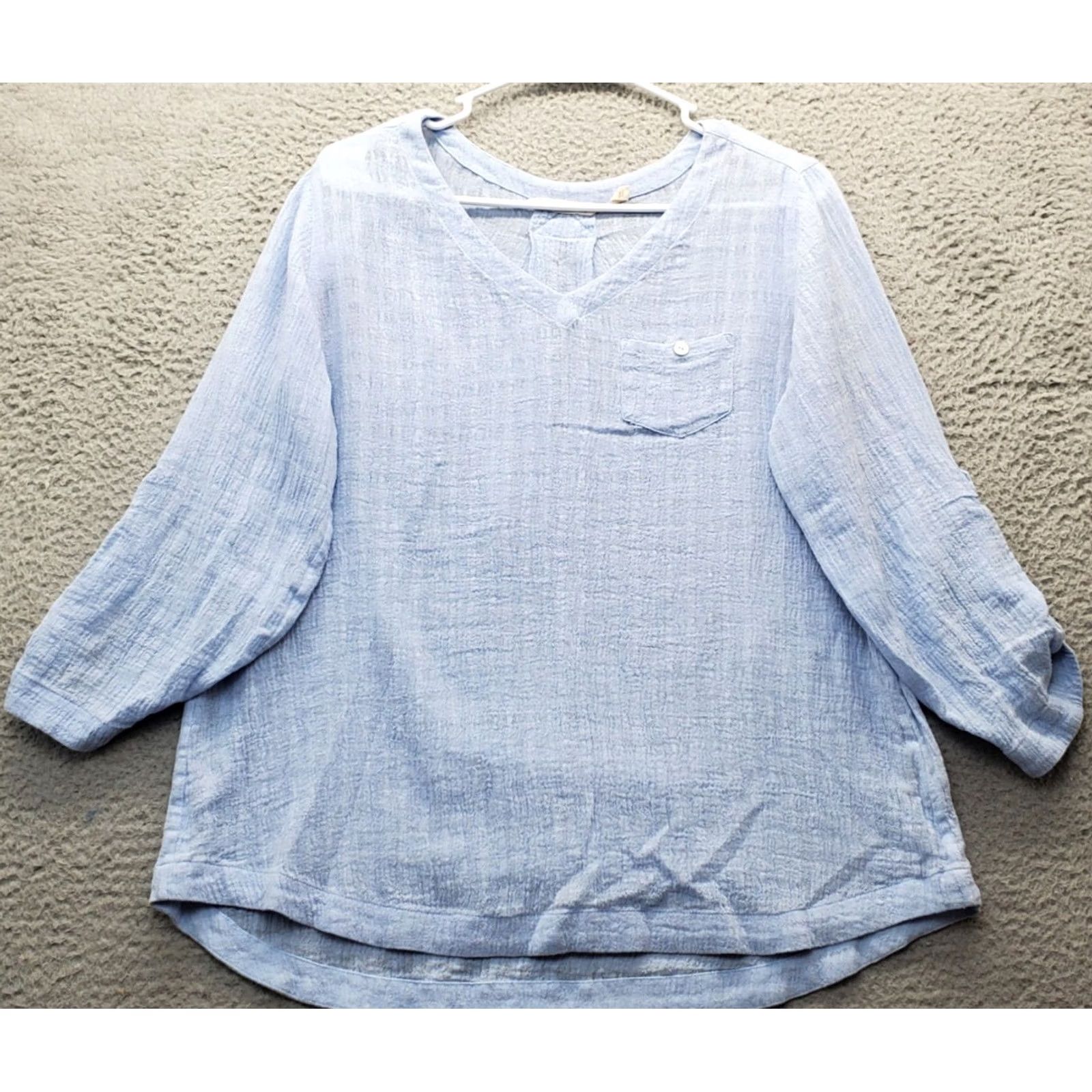 Soft Surroundings Soft Surroundings Blouse Womens Size S Blue Linen Roll & Tab Sleeves V-Neck Shirt Ladies Small Blue Linen Blouse V-Neck Size S / US 4 / IT 40 - 2 Thumbnail