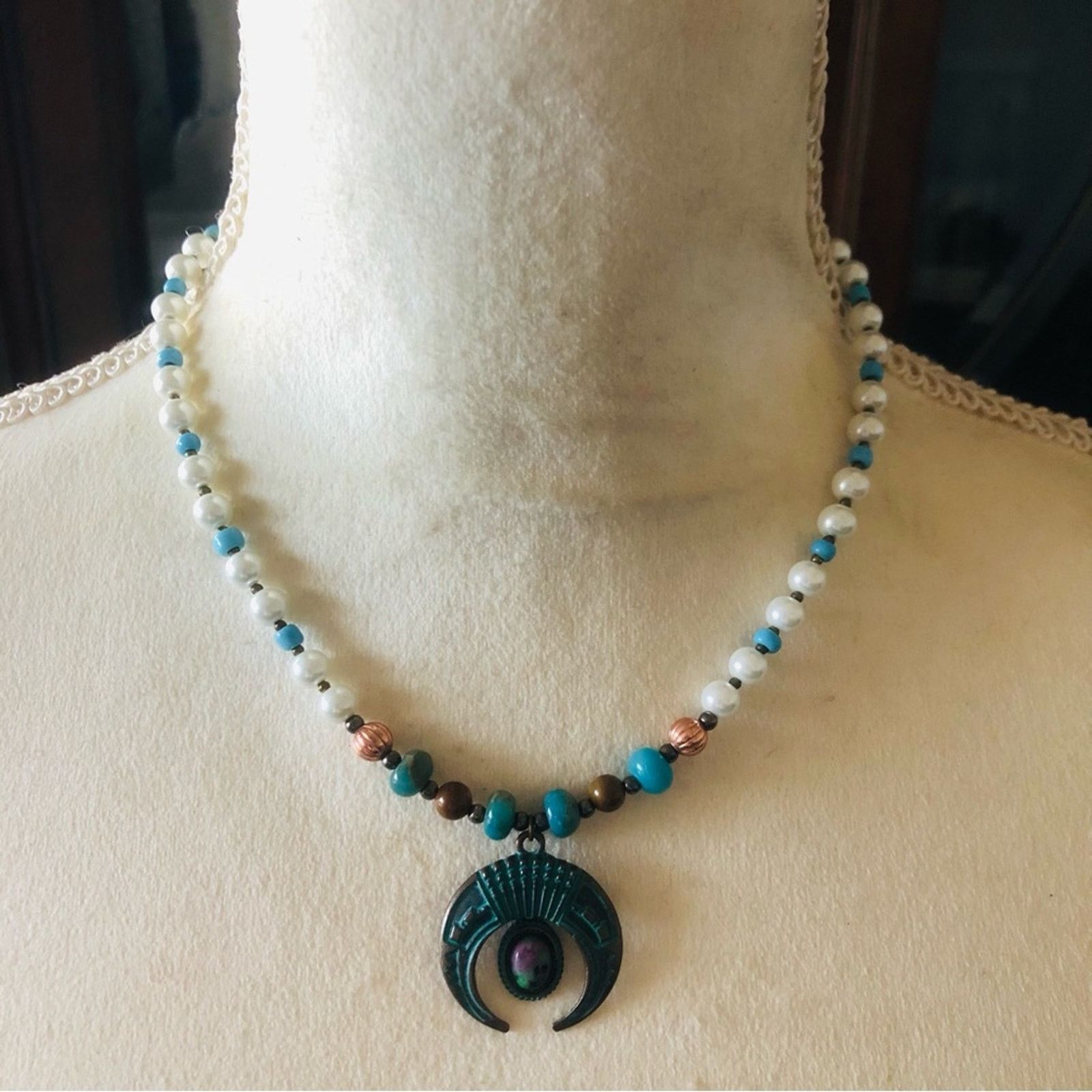 Handmade Handcrafted repurpose ancient look stone Pearl necklace Size ONE SIZE - 2 Thumbnail