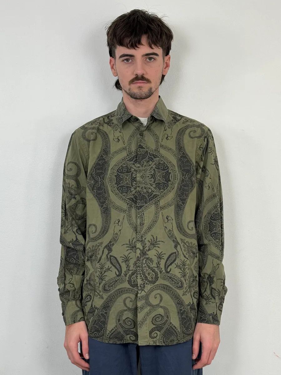 Roberto Cavalli 2000s Roberto Cavalli Olive Green & Black Presley Black Shirt Size US M / EU 48-50 / 2 - 2 Thumbnail