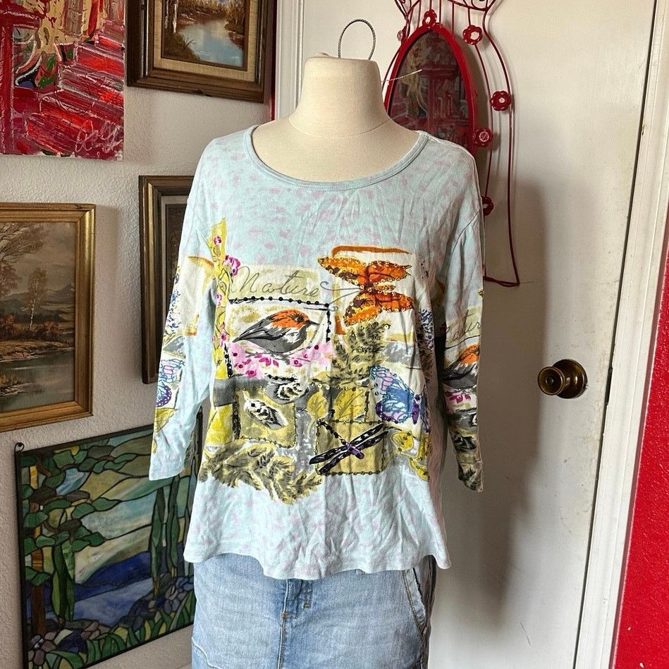 Other take two blue floral bird graphic long sleeve shirt Size L / US 10 / IT 46 - 1 Thumbnail