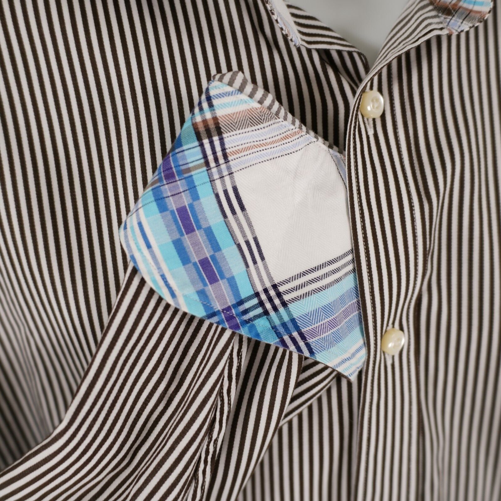 Designer Thomas Dean Brown Striped Pima Cotton Flip Cuff Large Collar Size US L / EU 52-54 / 3 - 2 Thumbnail