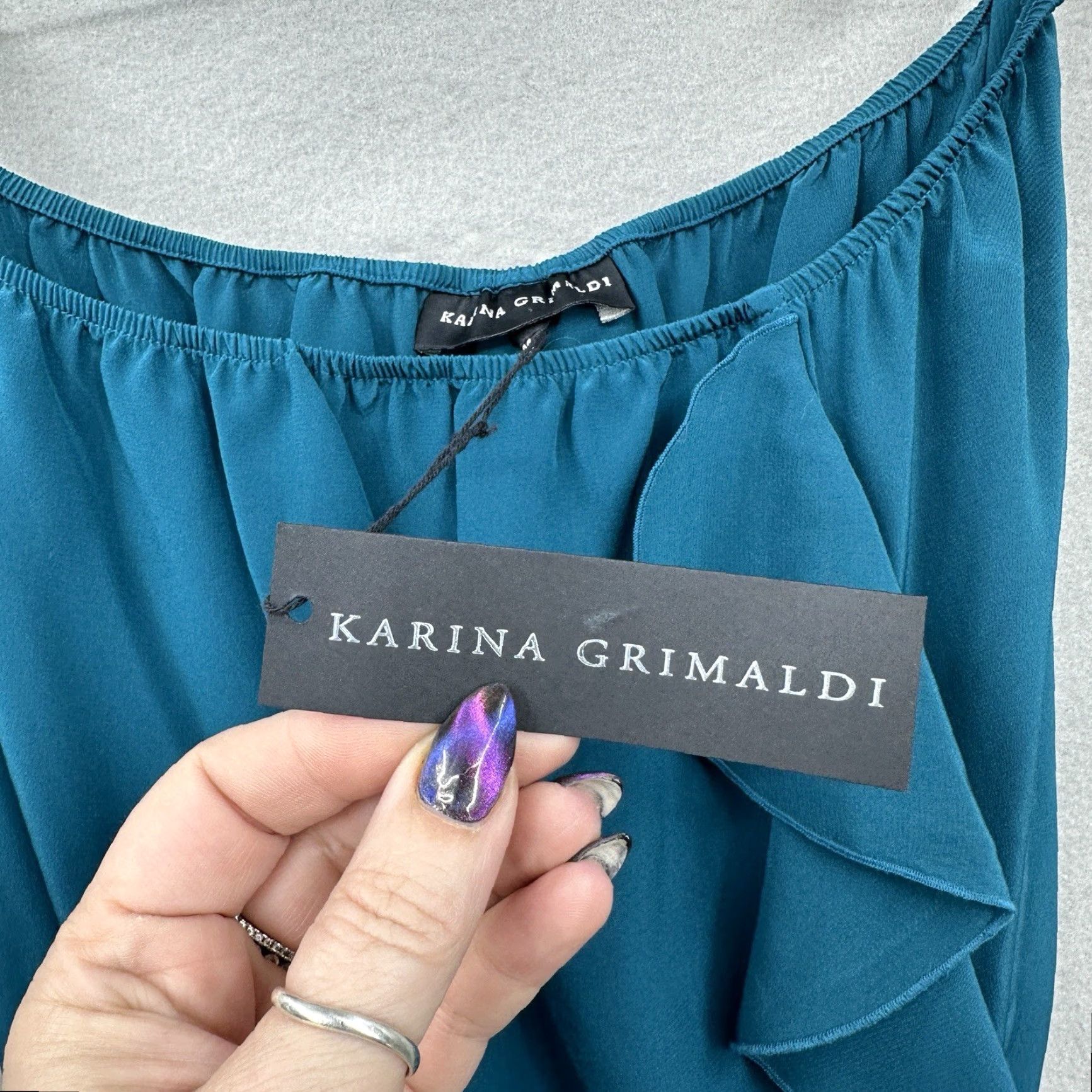 Karina Grimaldi KARINA GRIMALDI Blouse Womens M Silk Strapless Square Neck Ruffle 90s Quiet Luxury Peplum Green Vintage No Size M / US 6-8 / IT 42-44 - 7 Thumbnail