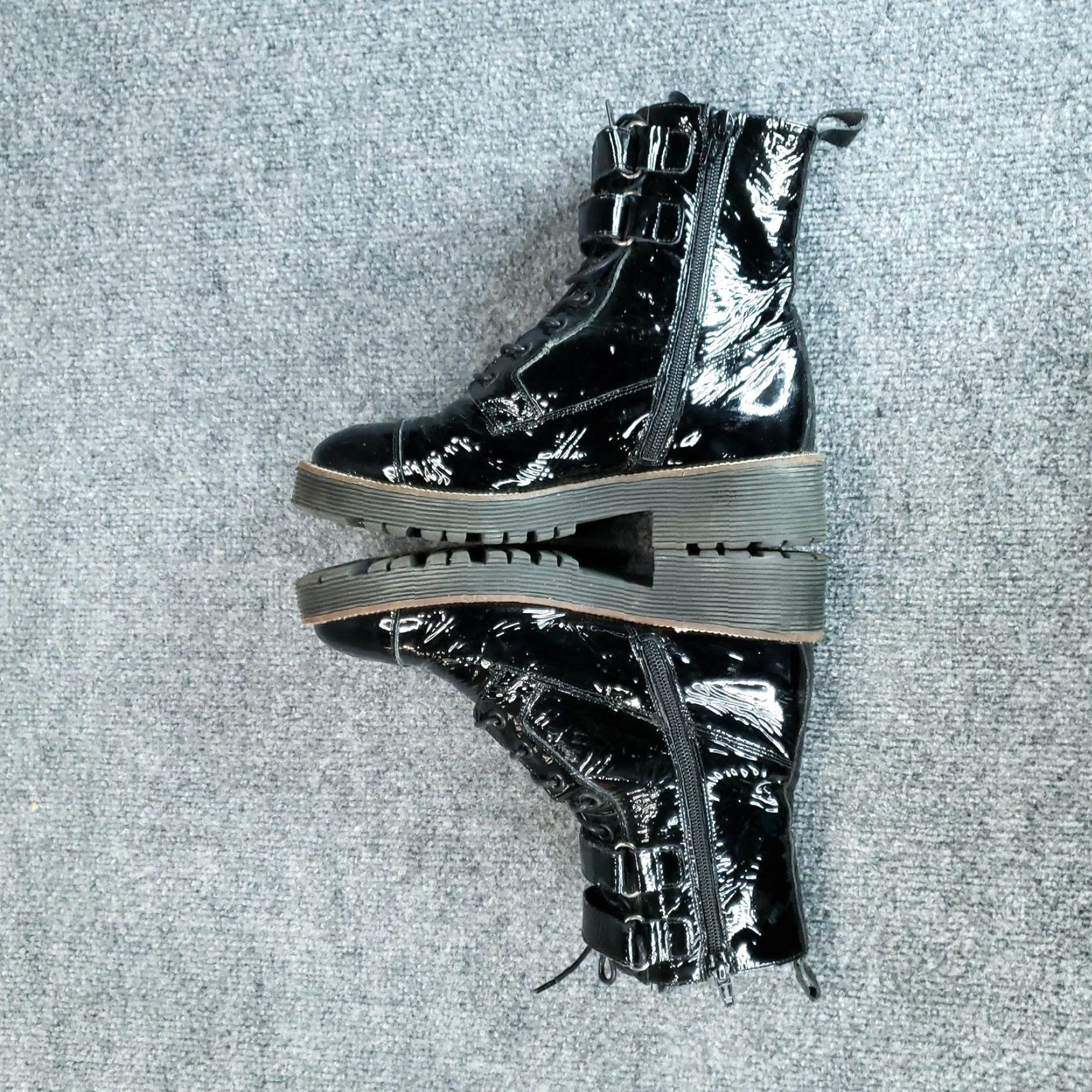 Vintage Shellys London Combat Boots Womens 7.5 Black Patent Leather Lug Sole Mid-Calf Size US 8 / IT 38 - 7 Thumbnail