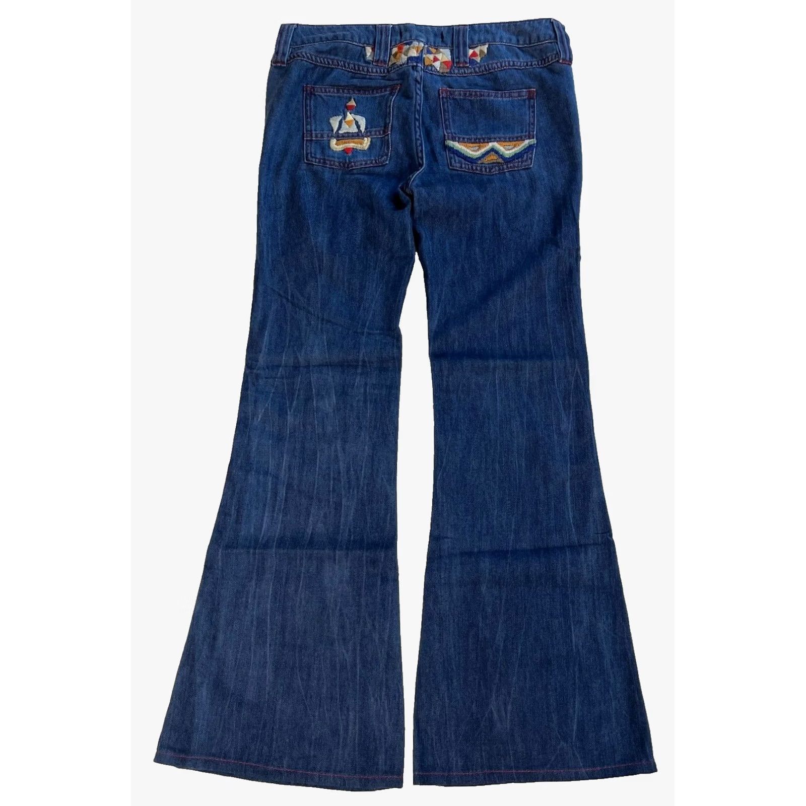 Free People VINTAGE Women's Free People Flare Jeans Boho Embroidered Sz 25 Blue Cotton Denim 31in Inseam Womens Baggy Flared Bohemian 25 Jeans Size 42" / US 20 - 2 Thumbnail