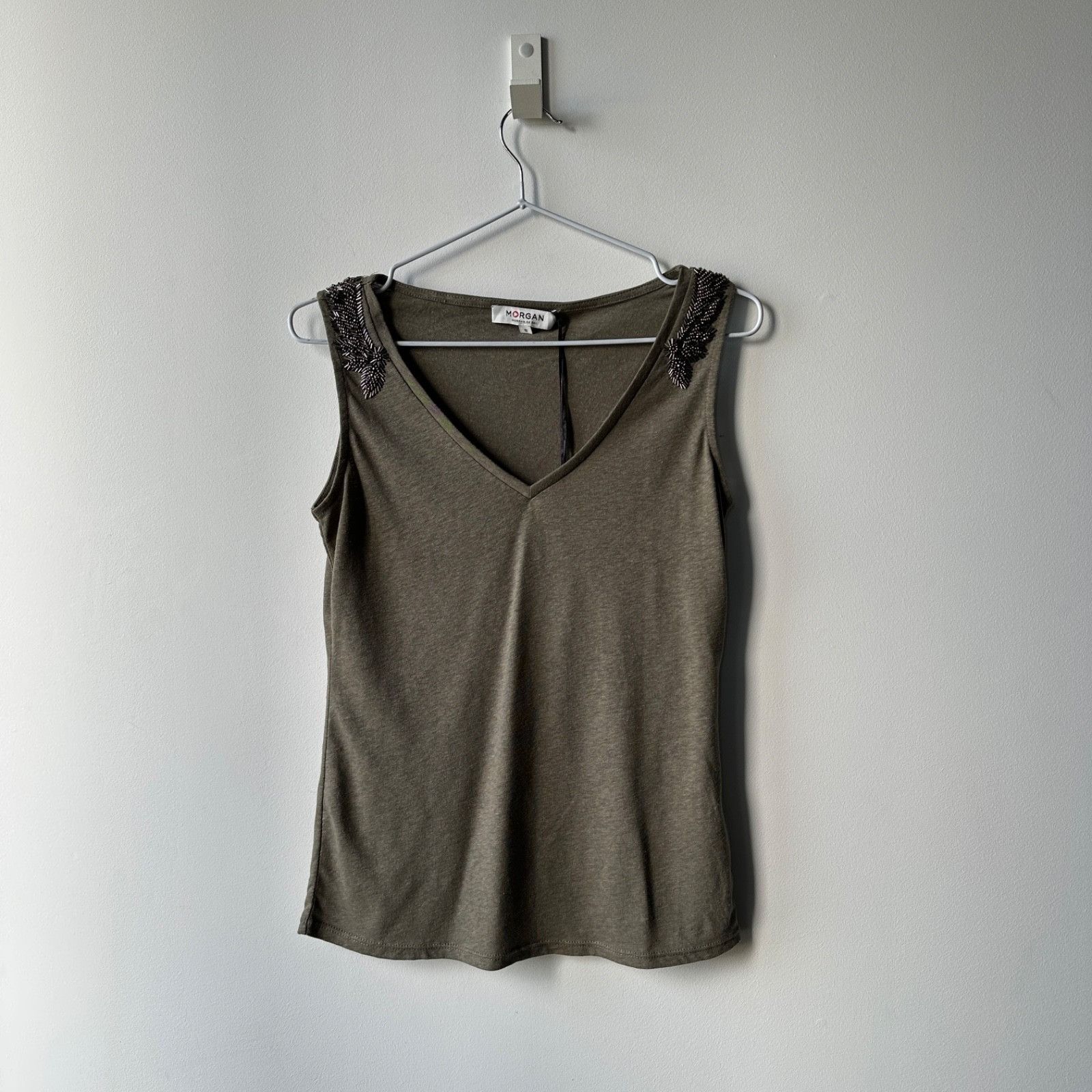 Morgan De Toi Morgan Olive Beaded Shoulder V-Neck Tank Top 9391AC Size S / US 4 / IT 40 - 1 Thumbnail