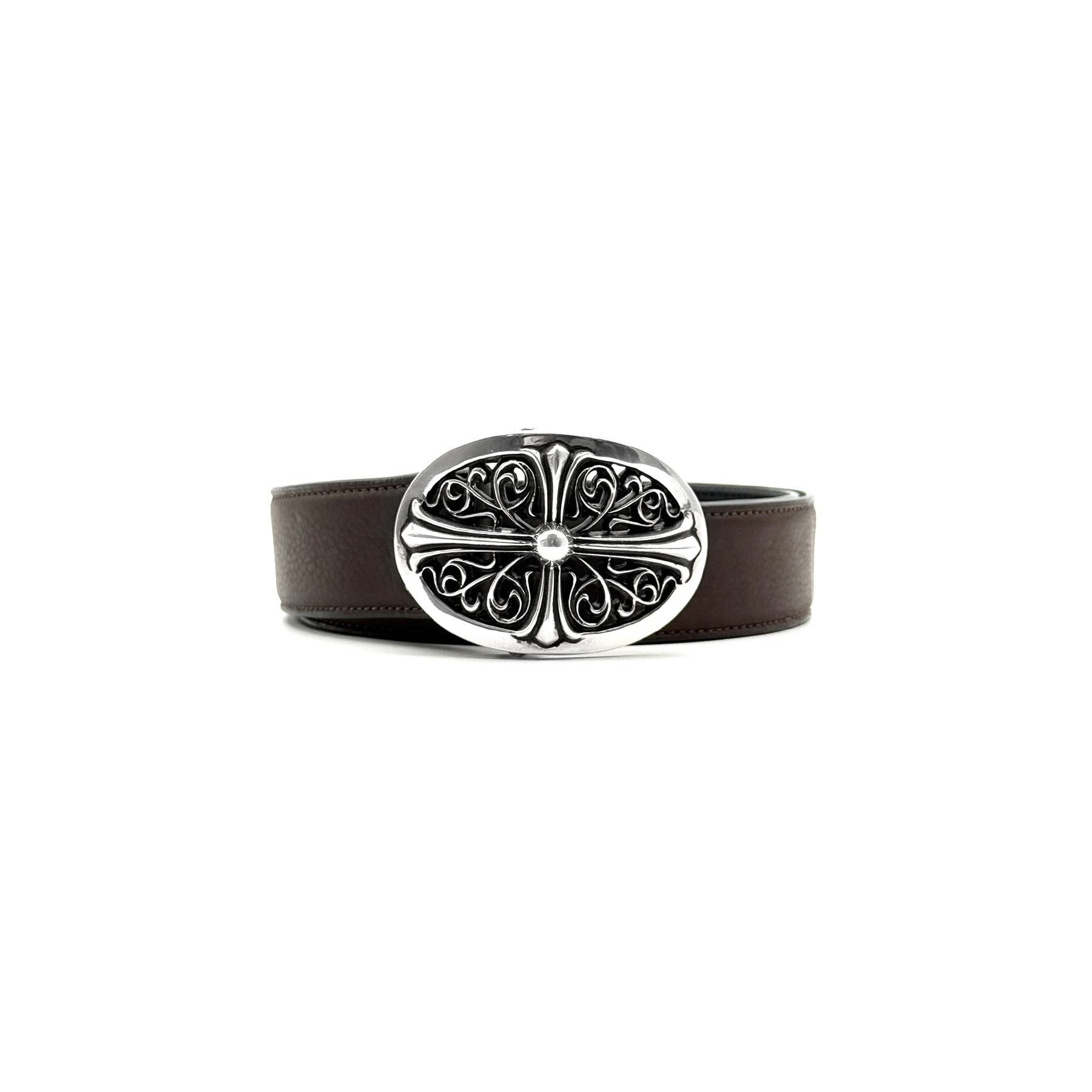 Chrome Hearts Chrome Hearts Silver Oval Keeper Cross Vine Brown Belt Size ONE SIZE - 1 Thumbnail