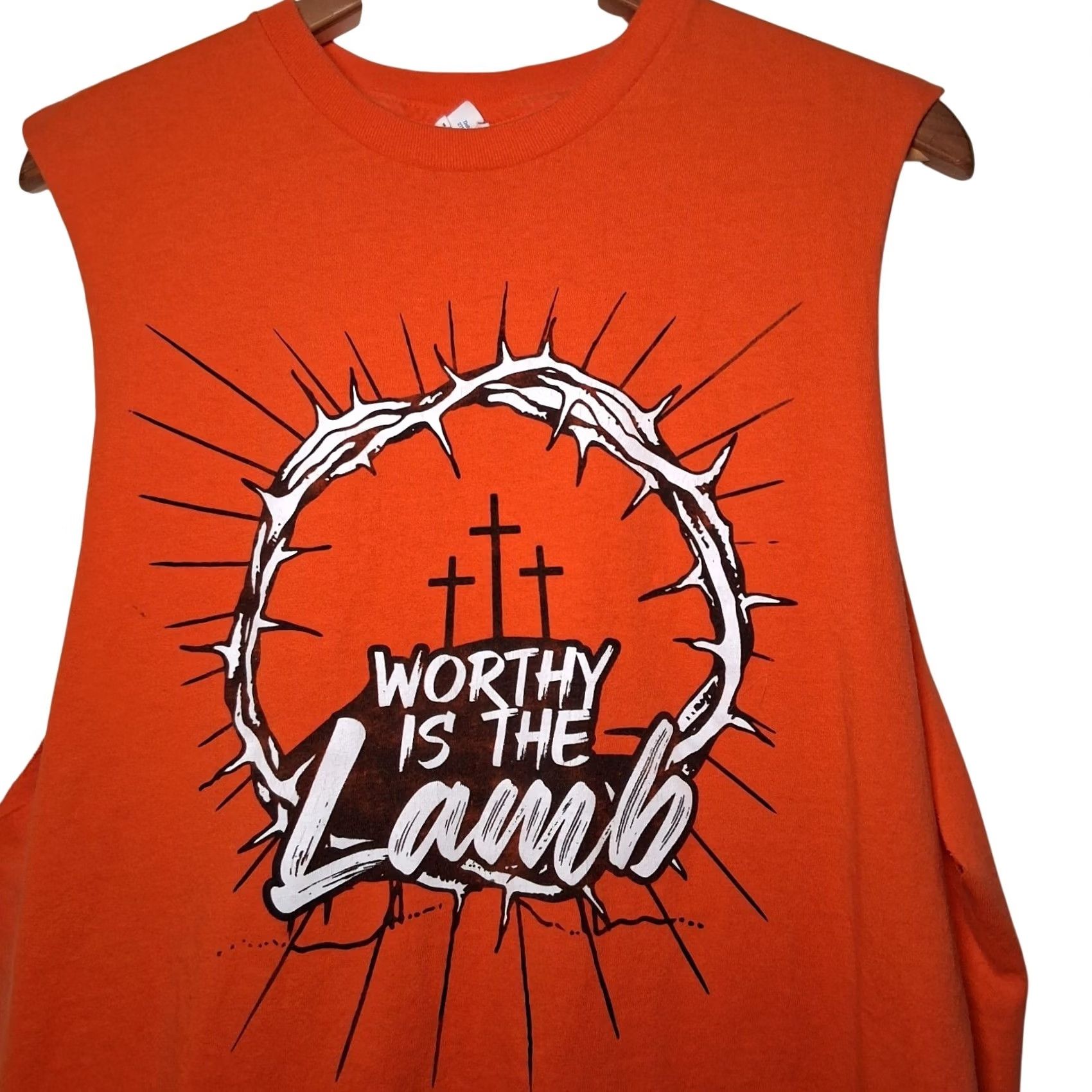 Vintage Worthy Is The Lamb Cutoff Muscle T Shirt M Christian Jesus Religious Crown READ Shirt Men Orange Cotton Delta Pro Weight Size US M / EU 48-50 / 2 - 2 Thumbnail