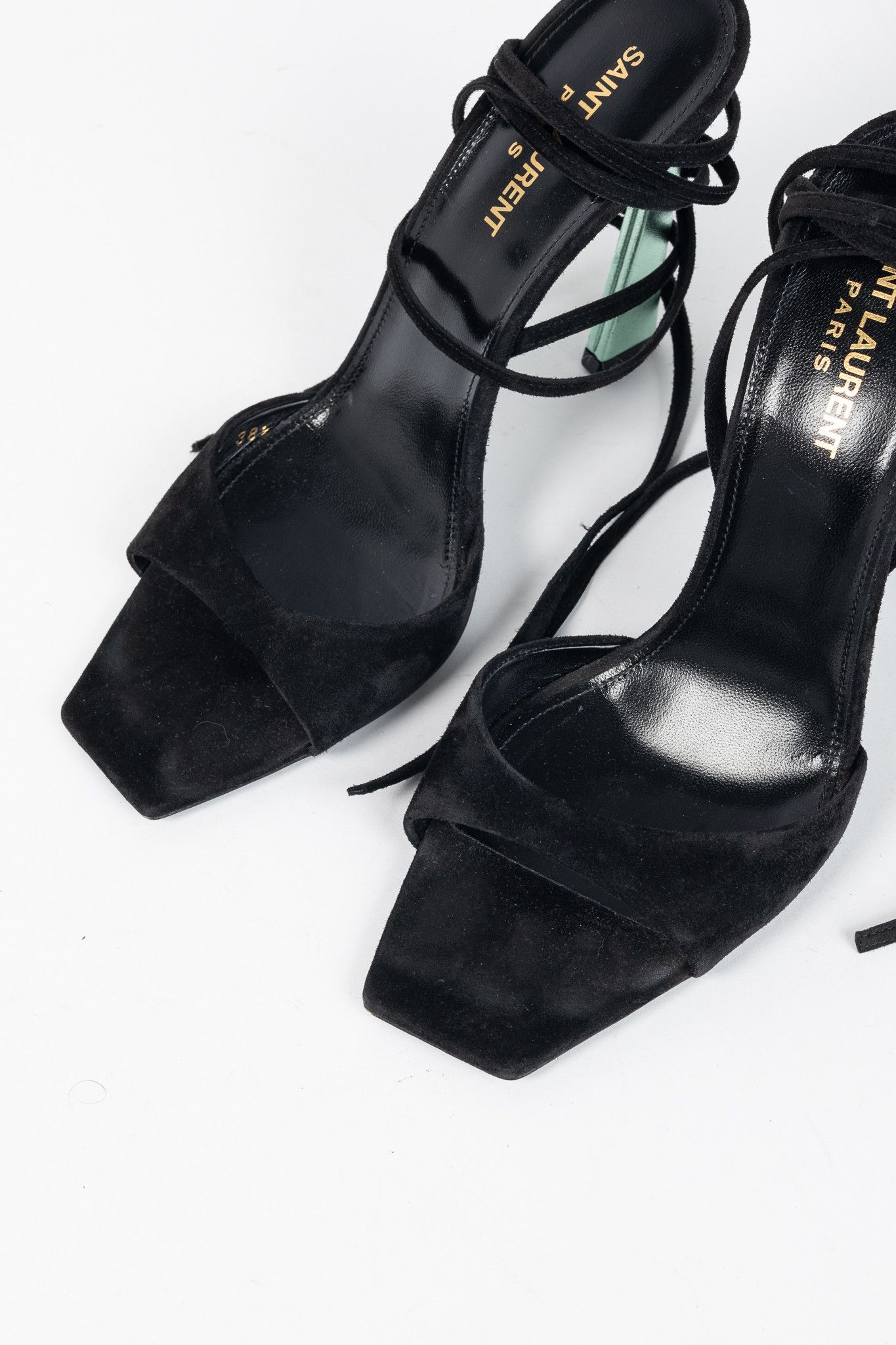 Saint Laurent Paris Saint Laurent Paz Black Suede Lace-Up Green-Heeled Sandals Size US 8 / IT 38 - 6 Thumbnail