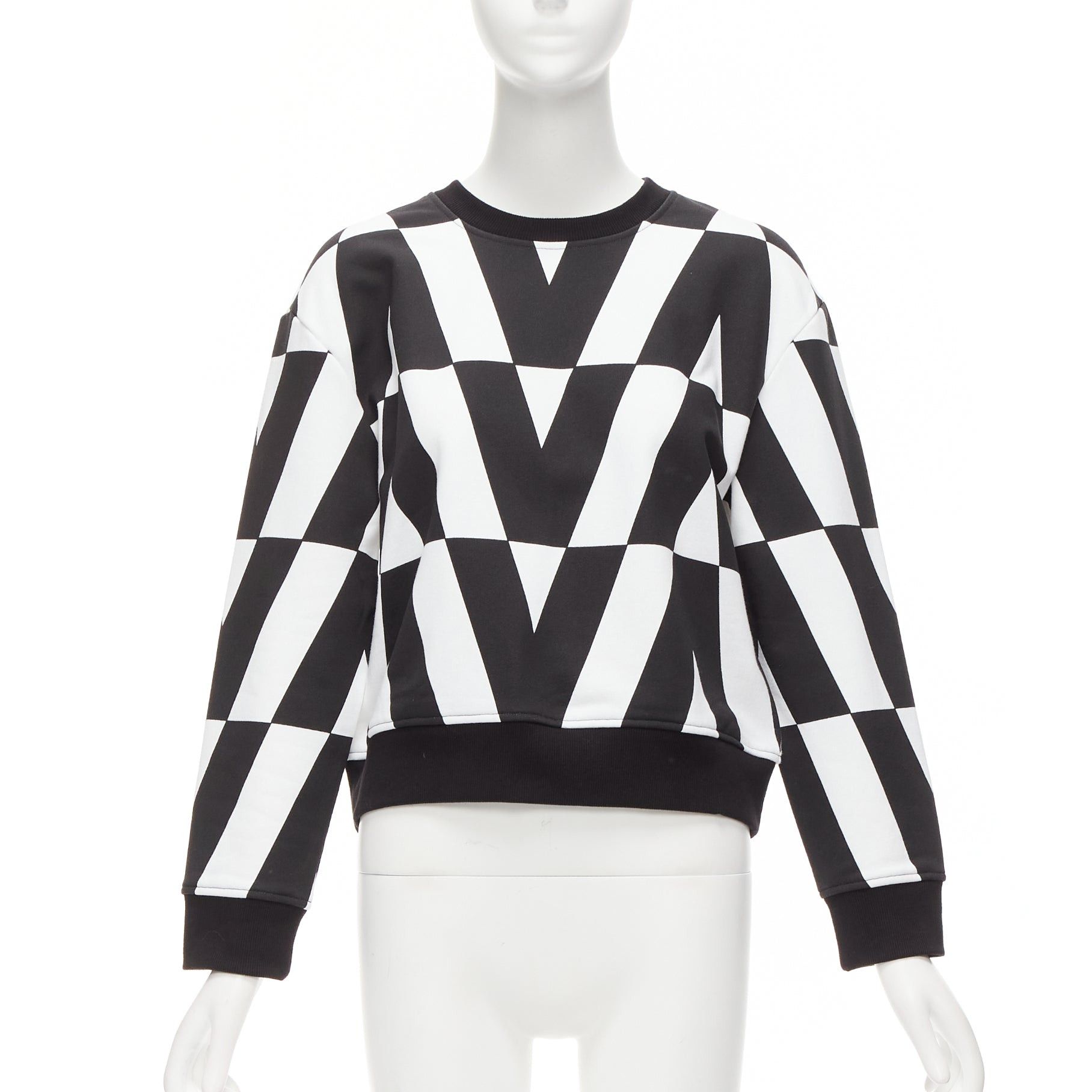 Valentino VALENTINO V LOGO black white optic graphic crew neck cropped sweater XS Size S / US 4 / IT 40 - 1 Thumbnail