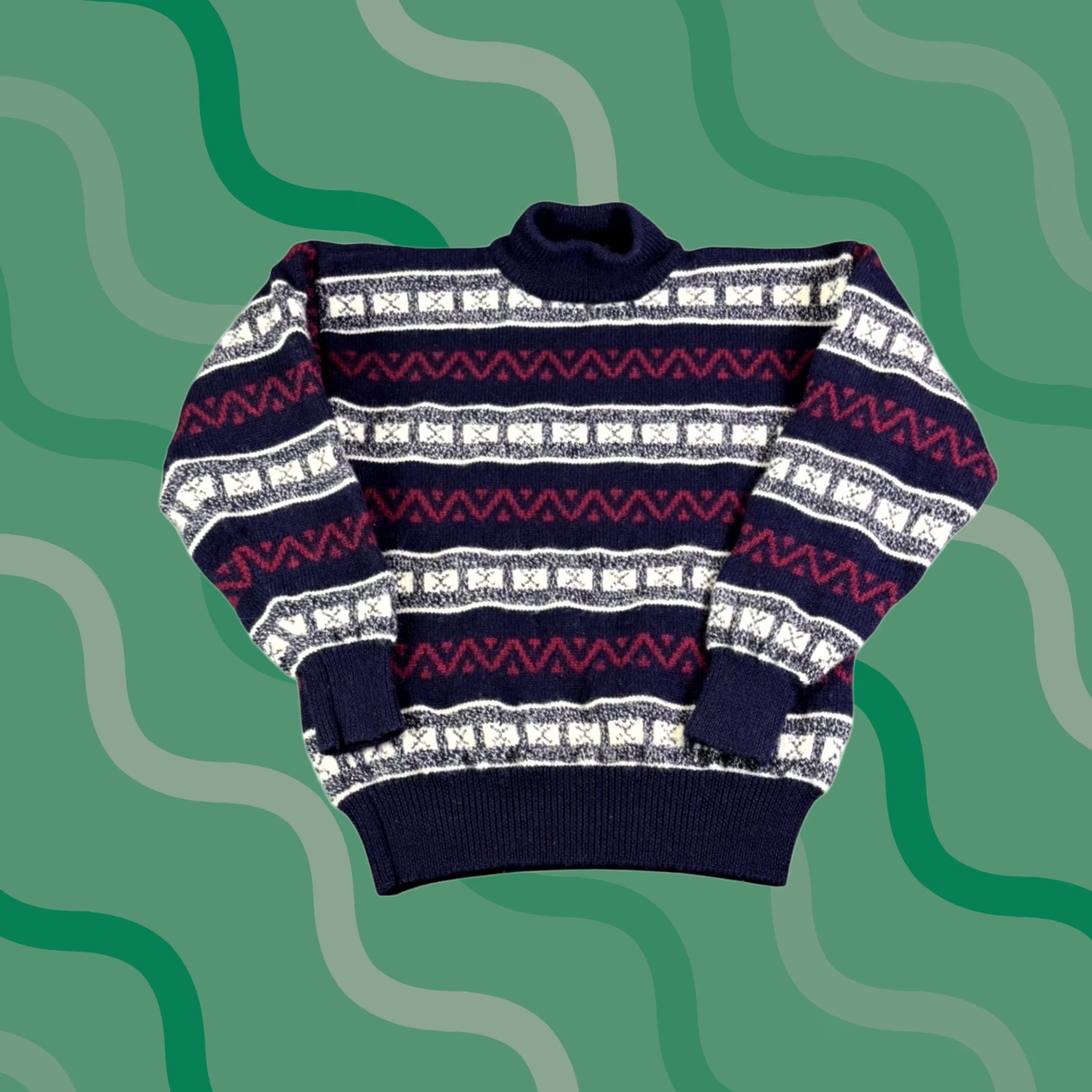 Vintage VINTAGE Peterborough Row Sweater Navy Red 100% Wool Fair Isle Mock Neck Long Sleeve Pullover Mens S 90s Clothing Size US S / EU 44-46 / 1 - 1 Thumbnail