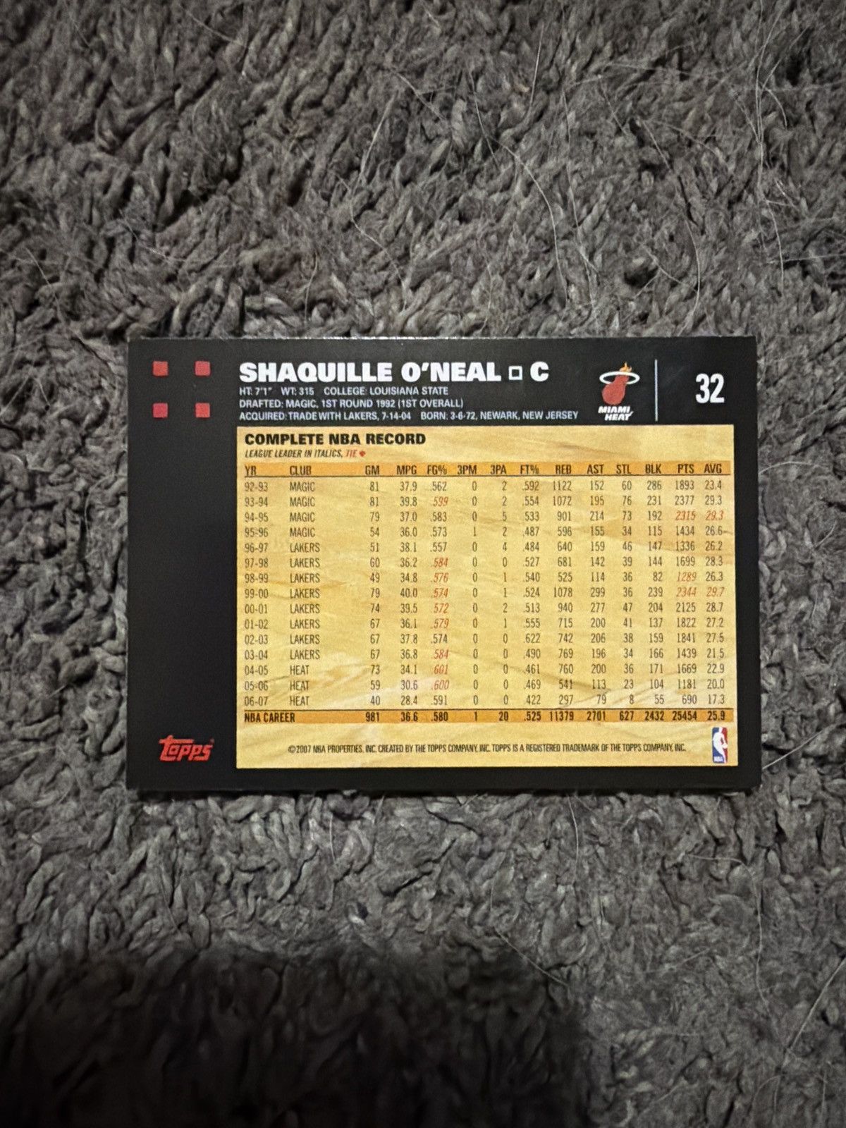 NBA 2007 Topps #32 Shaquille O’Neal Card Size ONE SIZE - 2 Thumbnail