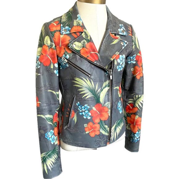 VEDA Veda Gray Tropical Print Leather Biker Jacket - Small Size S / US 4 / IT 40 - 4 Thumbnail