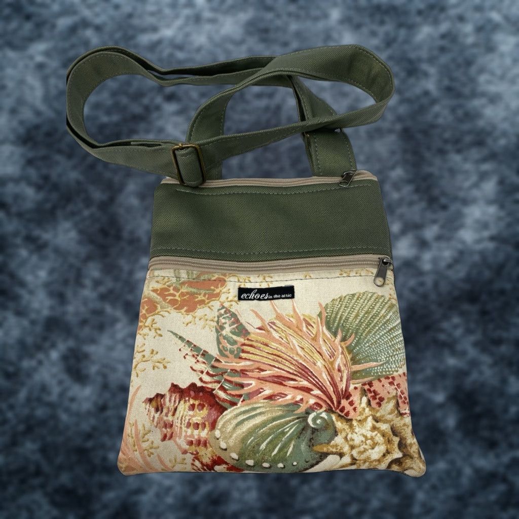 Vintage Echoes In The Attic Crossbody Bag Eco Friendly Seashell Print Canvas Green Purse Small Women Size ONE SIZE - 1 Thumbnail
