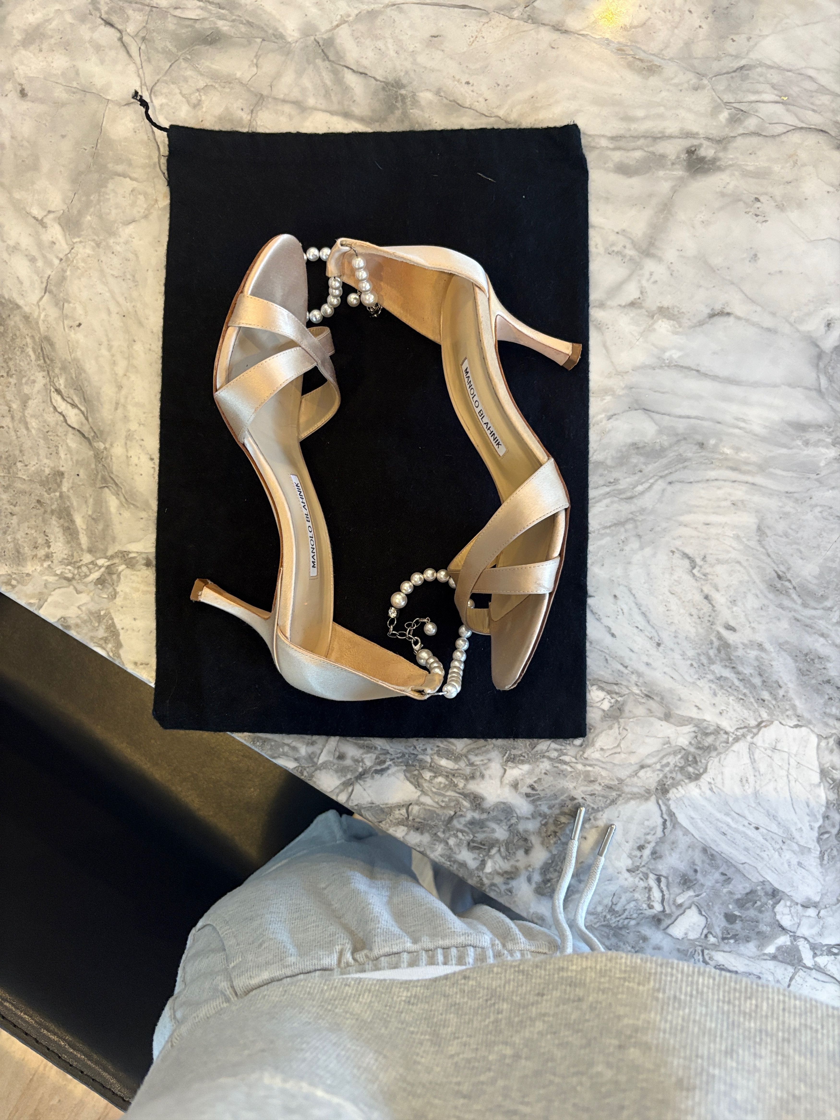 Manolo Blahnik Manolo Blahnik Beige Silk Heels / Pearl ankle strap / 38.5 Size US 7.5 / IT 37.5 - 1 Thumbnail