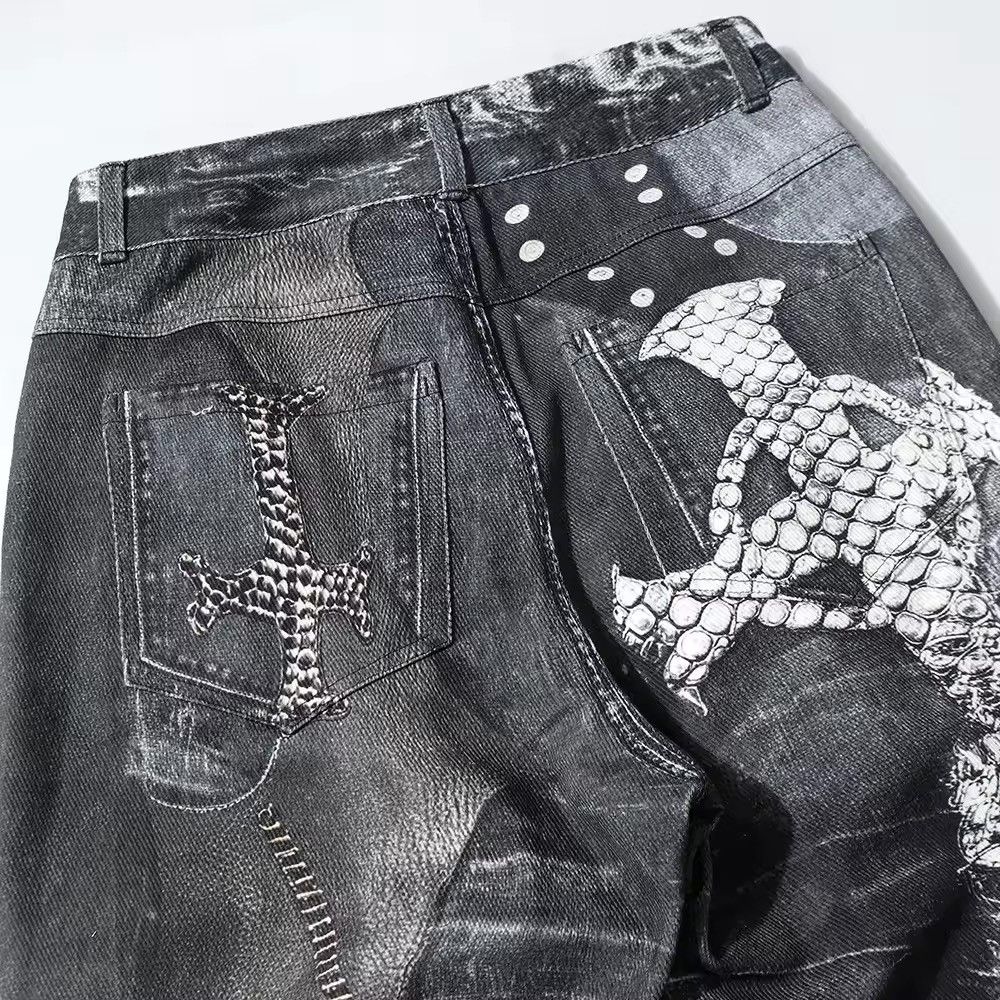 Jean Design Patchwork Printed Gothic Punk Loose Jeans Size US 35 - 9 Thumbnail