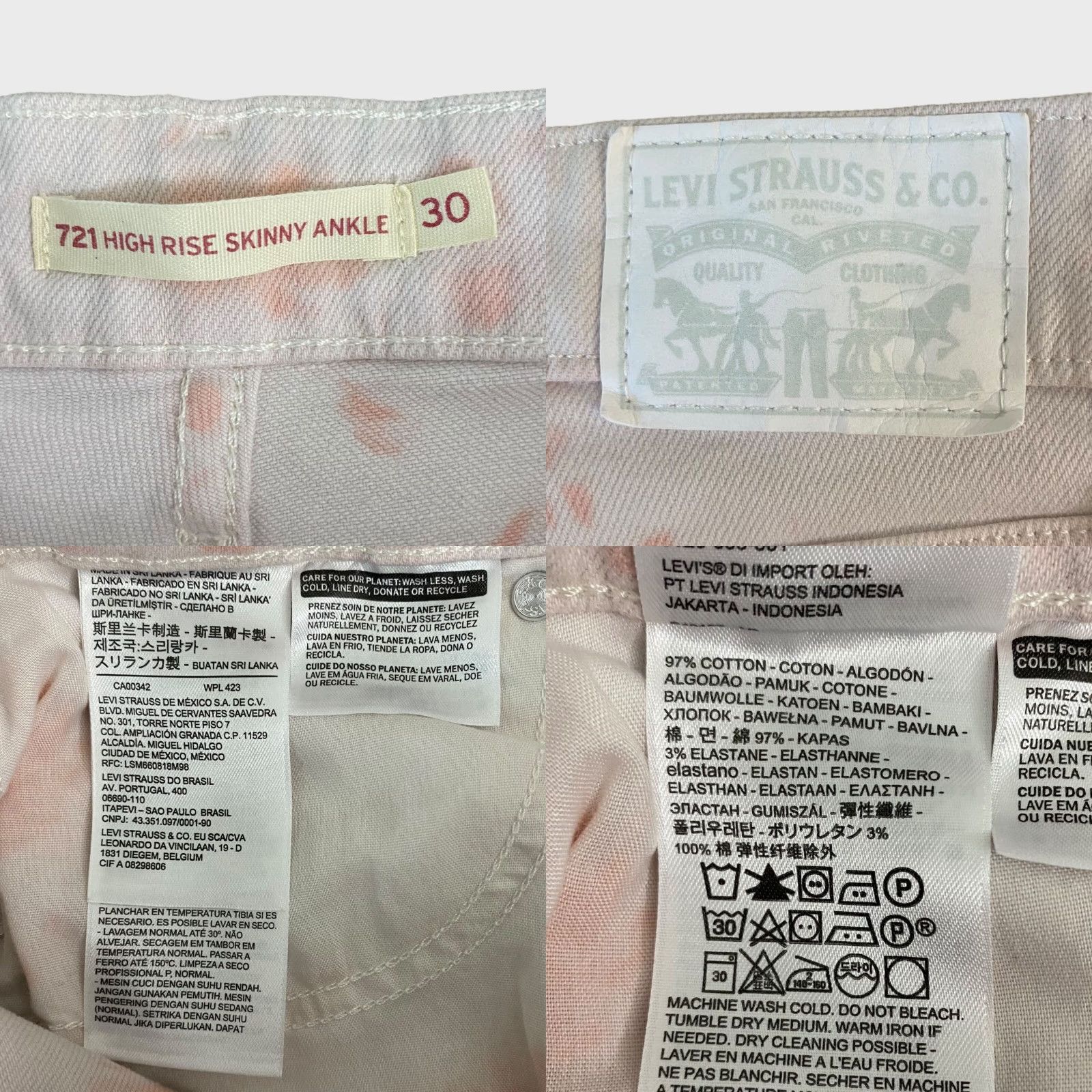 Levi's Levi's Jeans Women's 30 721 High-Rise Skinny Ankle White Pink Tie-Dye Denim Stretch 5-Pocket Zip Fly Size 30" / US 8 / IT 44 - 8 Thumbnail