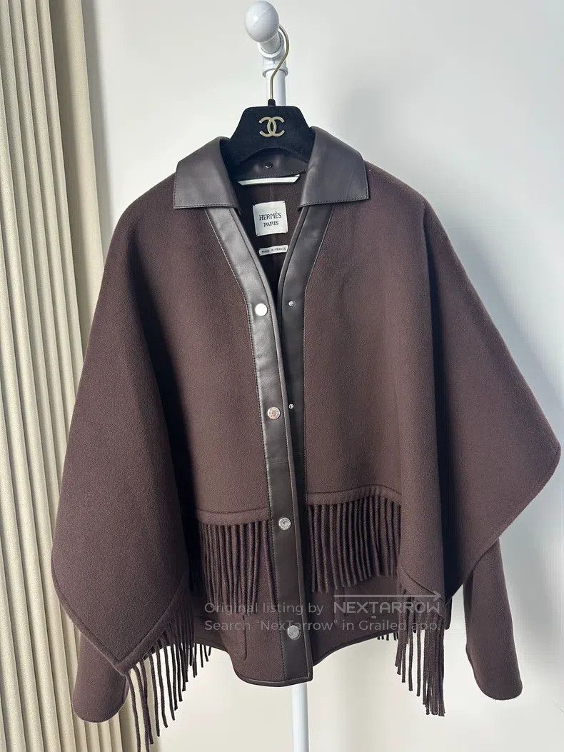 Hermes Hermes Brown Fringe Set, 100% Cashmere + Genuine Leather L Size XXS / US 00 / IT 34 - 1 Thumbnail