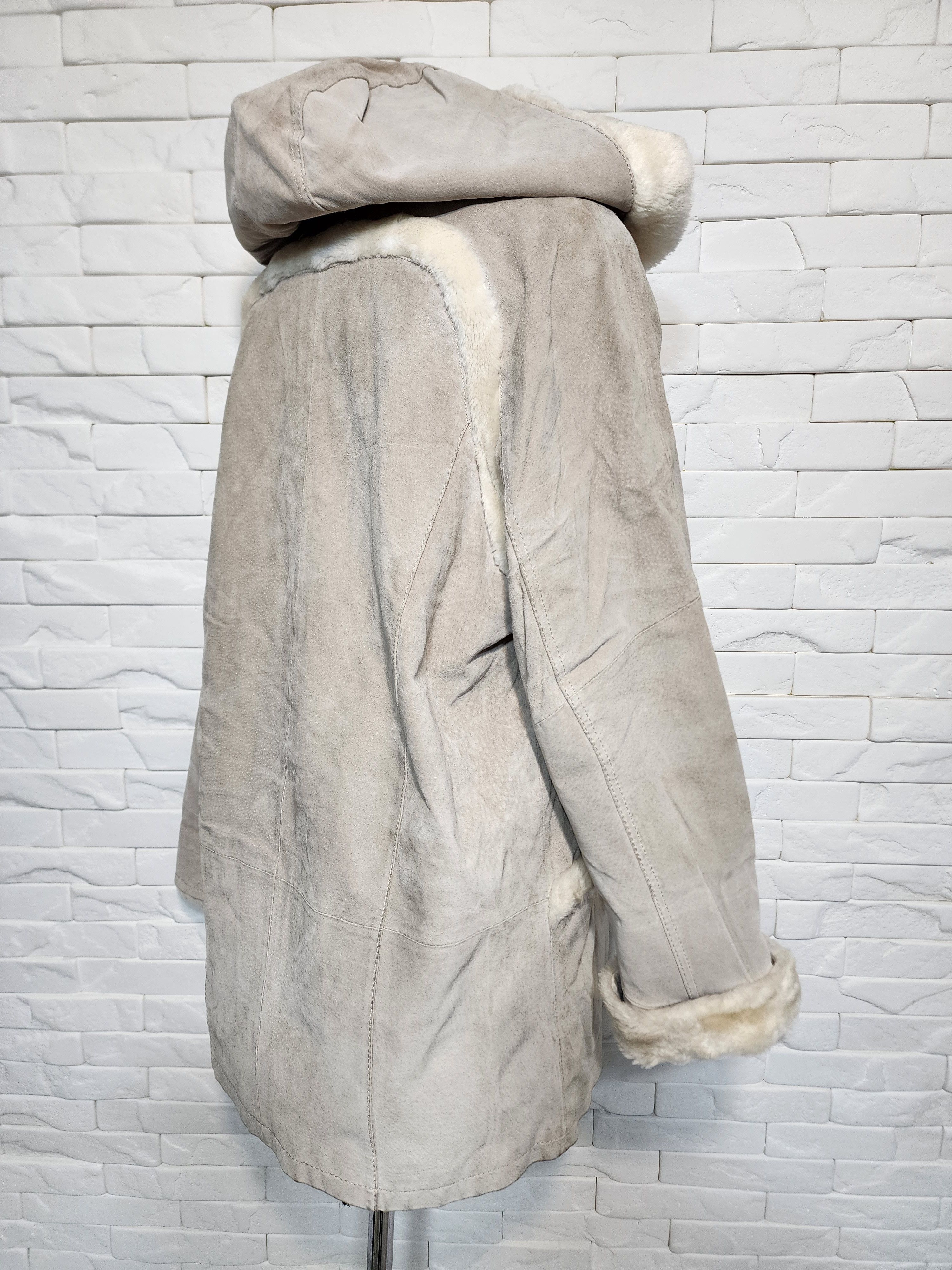 Genuine Leather Suede Hooded Jacket: Gray Leather Toggle Coat Size XL / US 12-14 / IT 48-50 - 6 Thumbnail