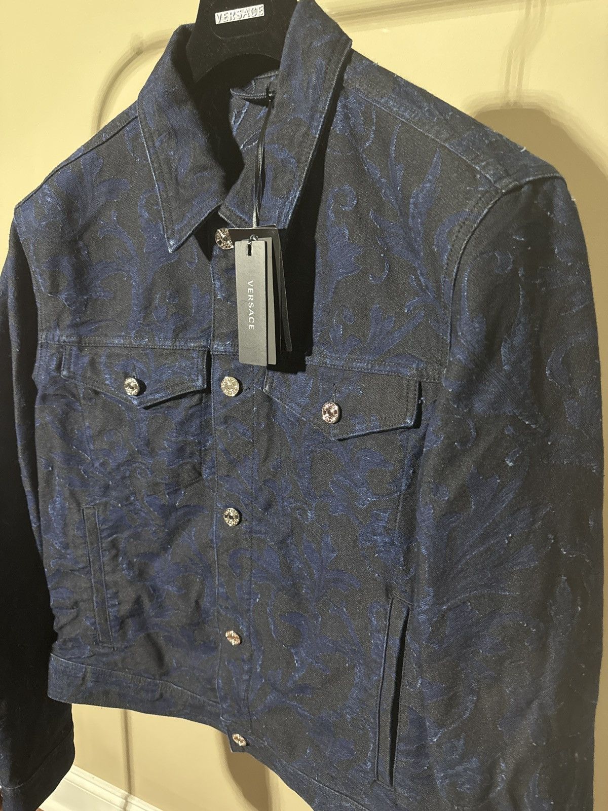 Versace Versace Blue/Black Barocco Jacquard Denim Button Down Jacket Size US XL / EU 56 / 4 - 3 Thumbnail