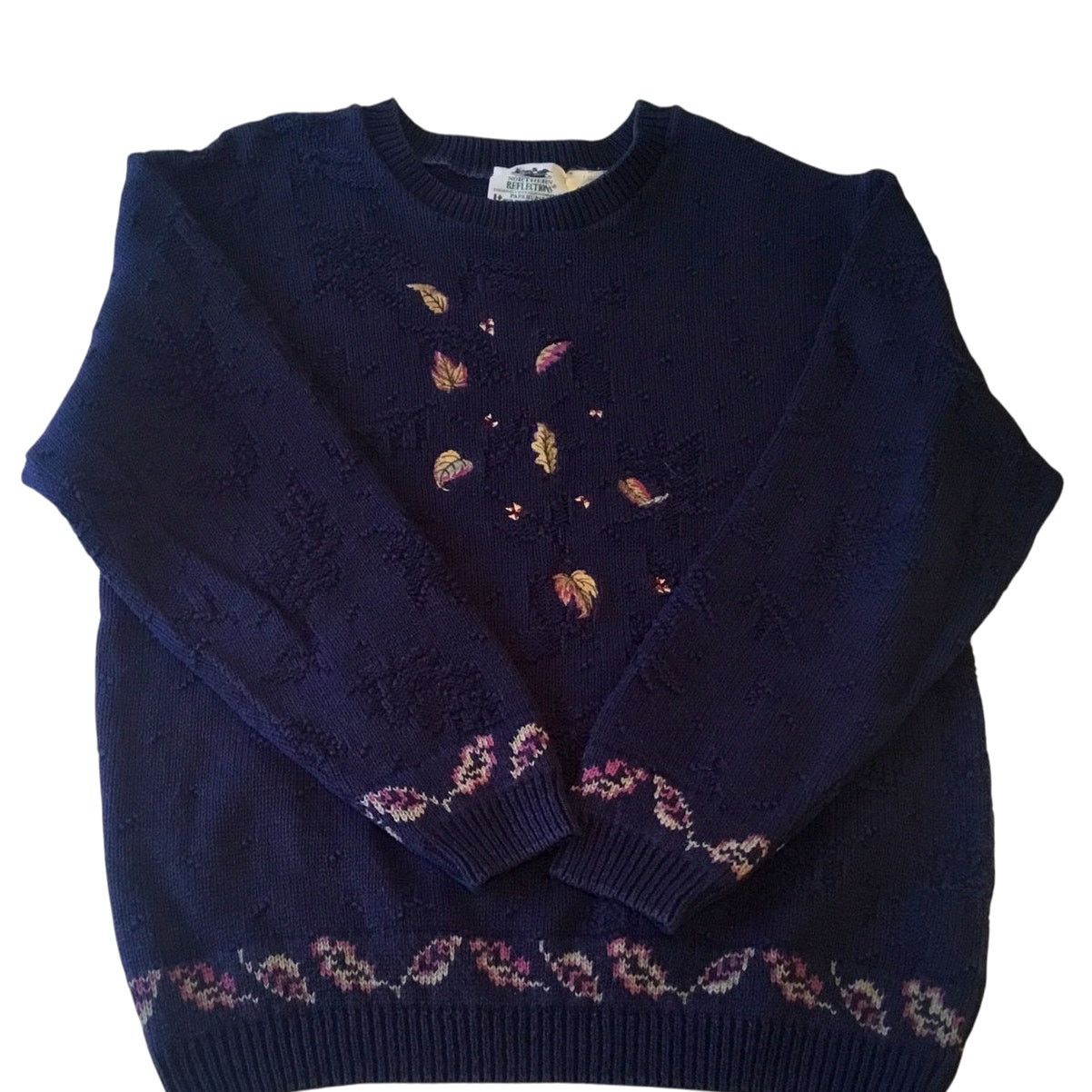 Northern Reflections Northern Reflections Patterned Knit Sweater Navy Bl Leaves L Size L / US 10 / IT 46 - 1 Thumbnail