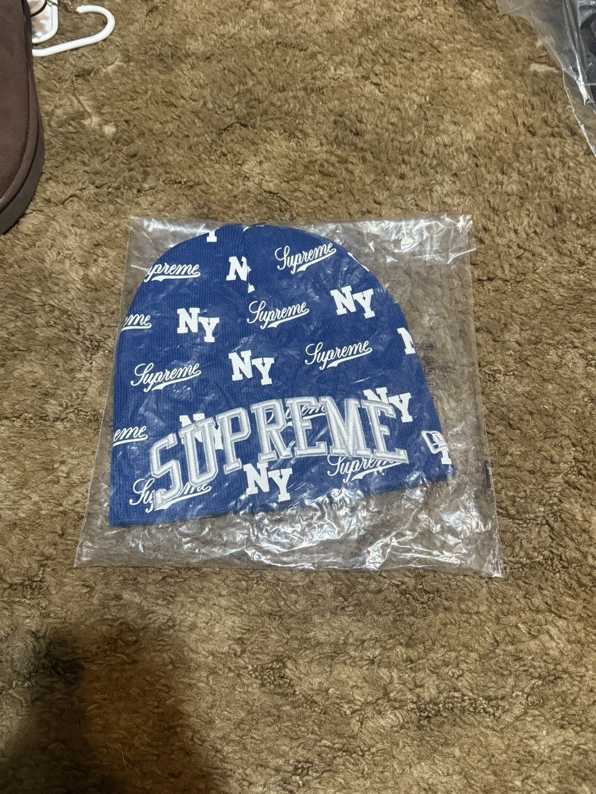 New Era × Supreme Supreme New Era Script Beanie Navy Blue | Grailed