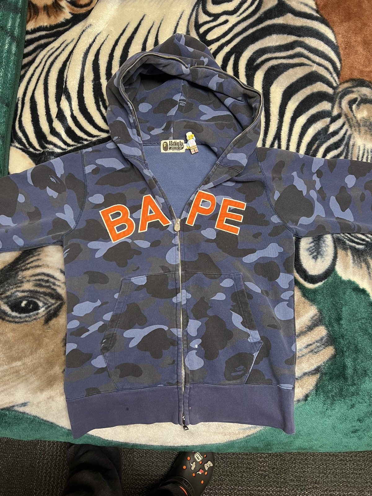 image of Bape Color Camo Logo Full Zip Hoodie in Navy, Men's (Size Small)