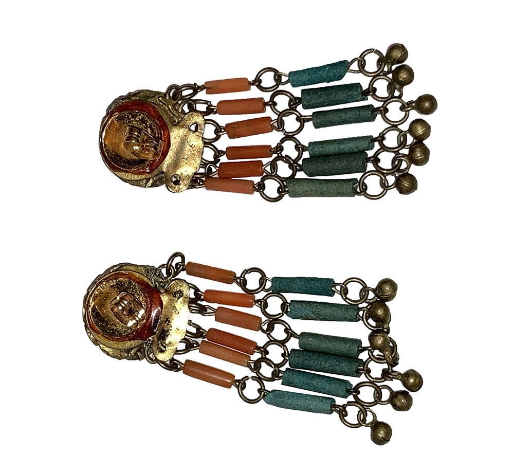 Designer Egyptian Revival Red Coral Brass Faience Earrings Size ONE SIZE - 4 Thumbnail