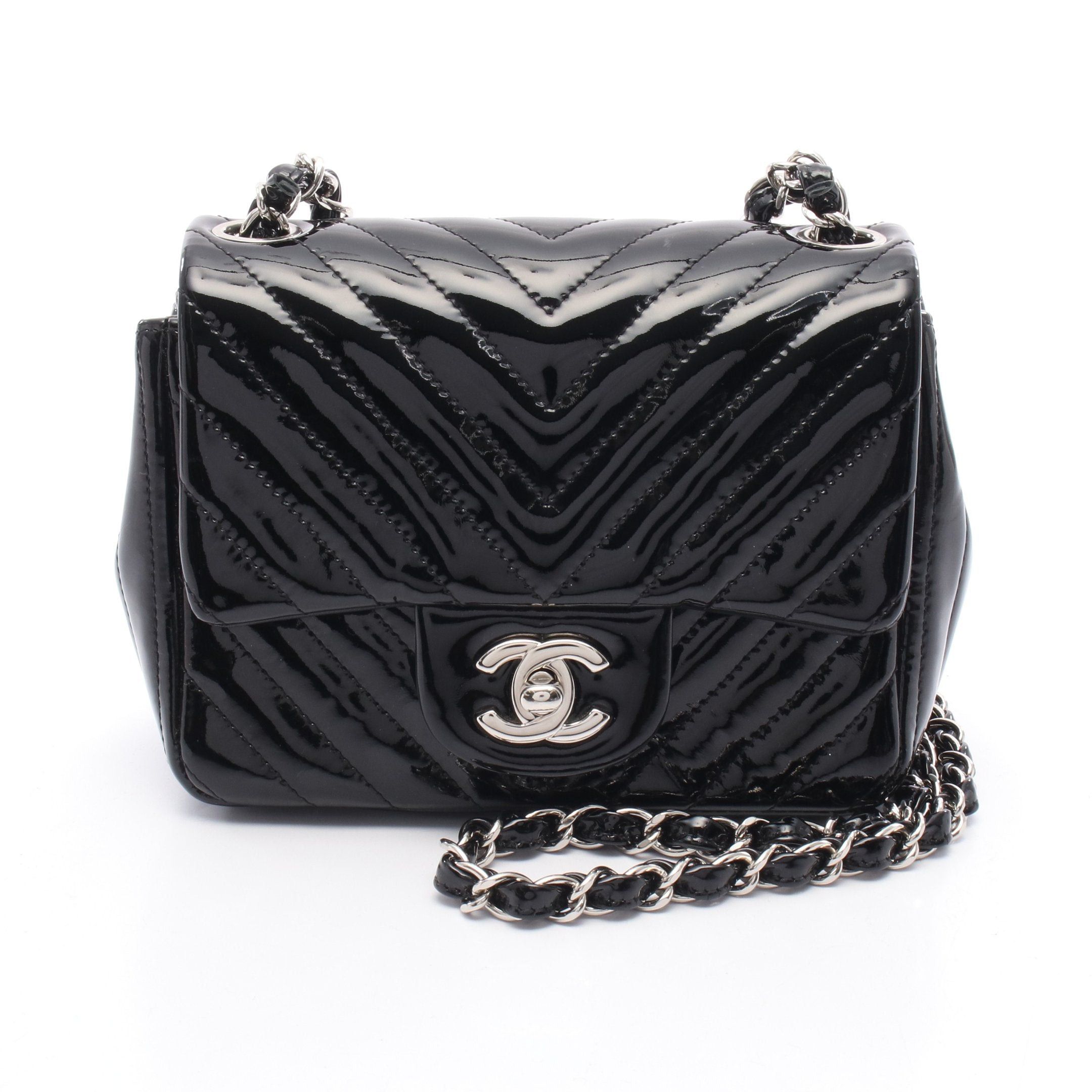 Chanel Chanel Chevron V-Stitch Chain Shoulder Bag Patent Leather Black Silver Hardware Size ONE SIZE - 1 Thumbnail