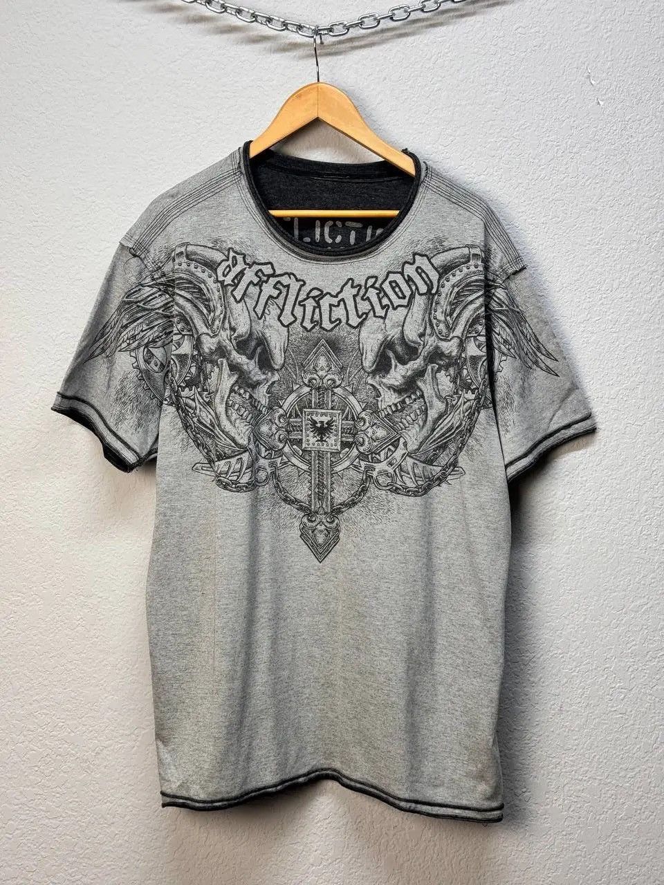Affliction × Japanese Brand × Vintage Vintage Reversible Affliction Double Skull Black T Shirt Size US XL / EU 56 / 4 - 1 Thumbnail
