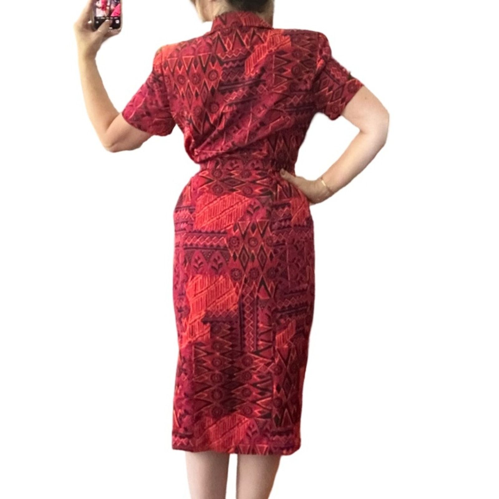 Other Vintage 90’s Red Abstract Lined Button Up Midi Dress Size XL / US 12-14 / IT 48-50 - 3 Thumbnail